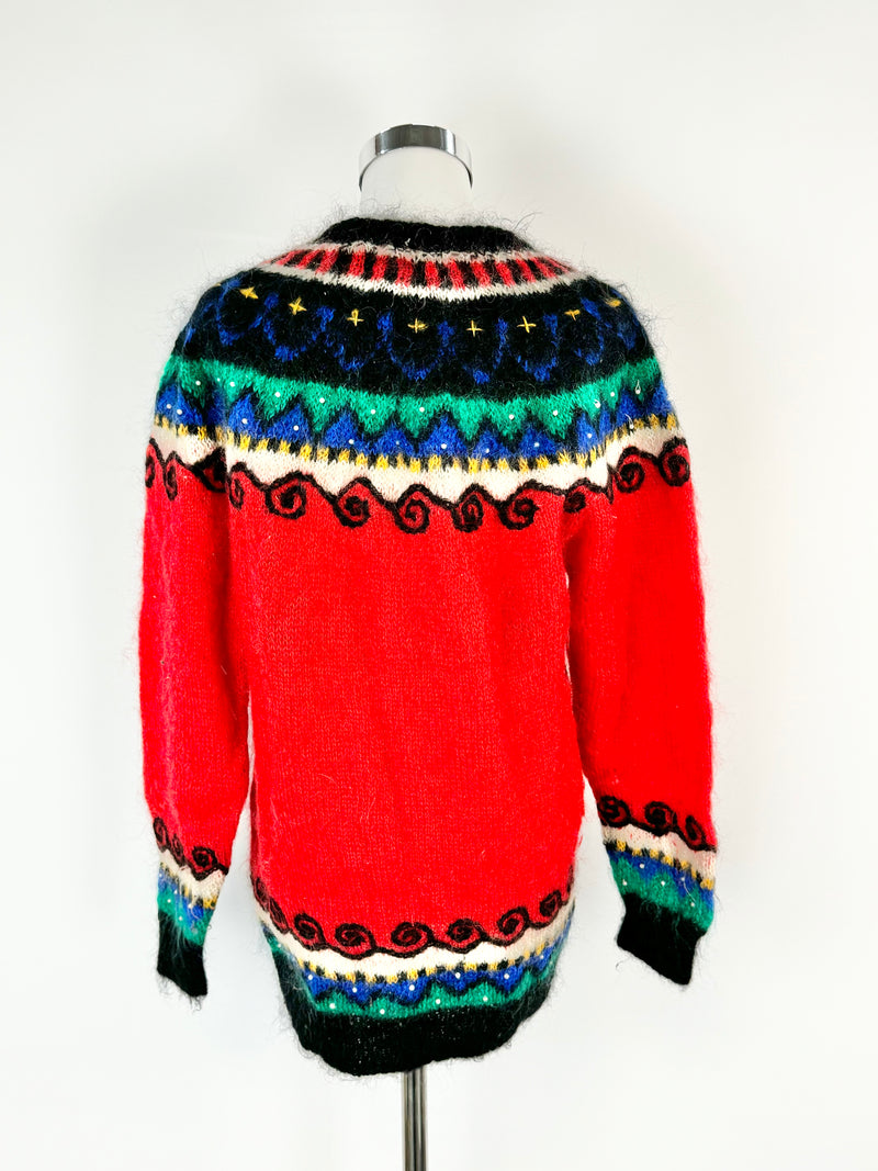 Vintage 80s Iznit Brightly Patterned Beaded Mohair Jumper - S