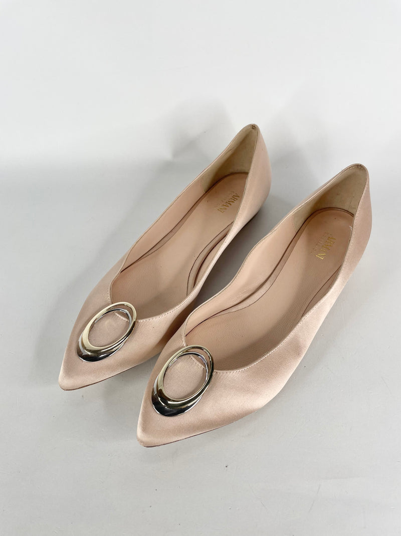 Armani Collezioni Satin Champagne Pointed Toe Ballet Flats - EU39