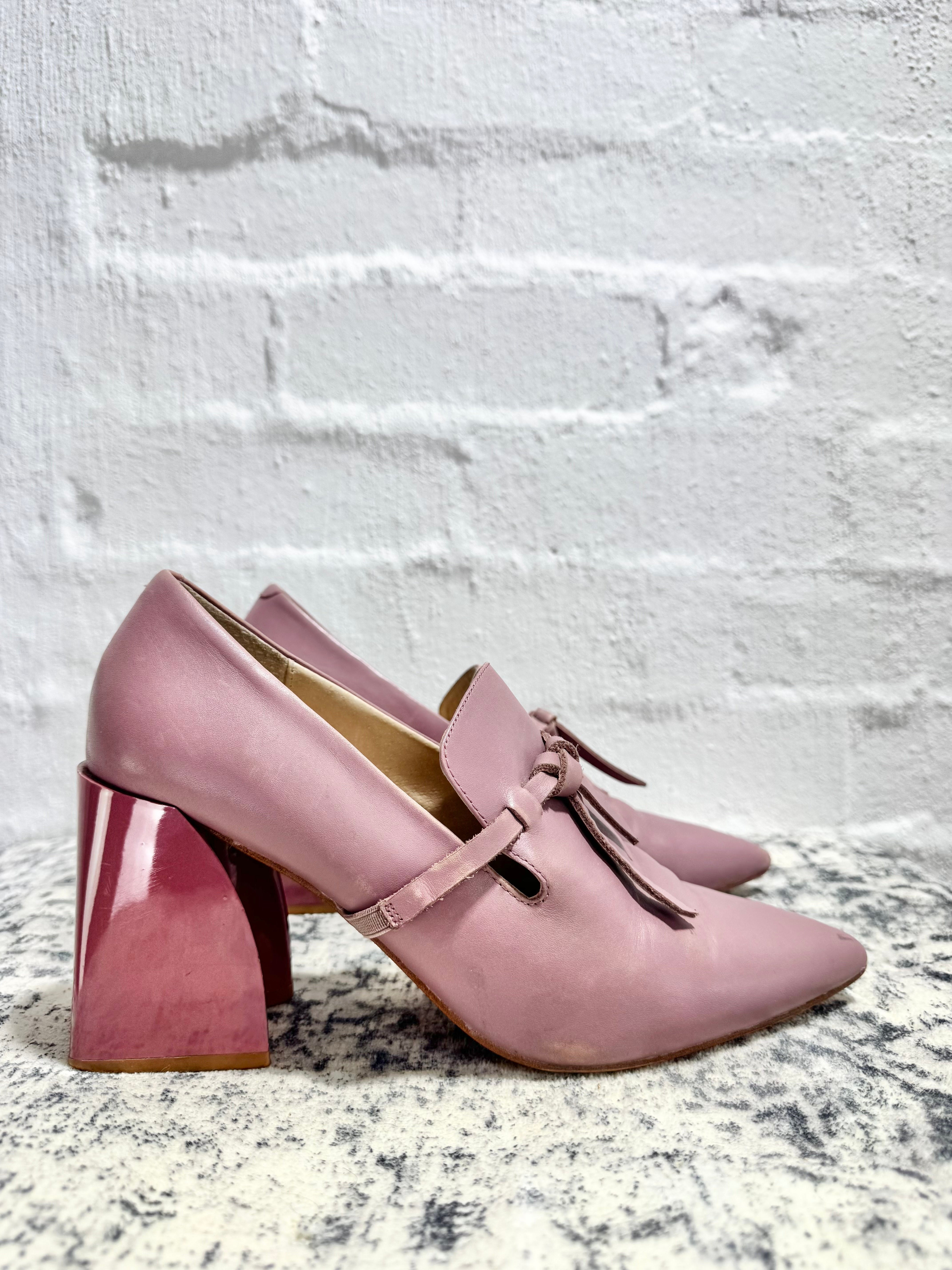 Mi Piaci Dusty Pink Leather Pointed Toe Block Heel Pumps - EU39