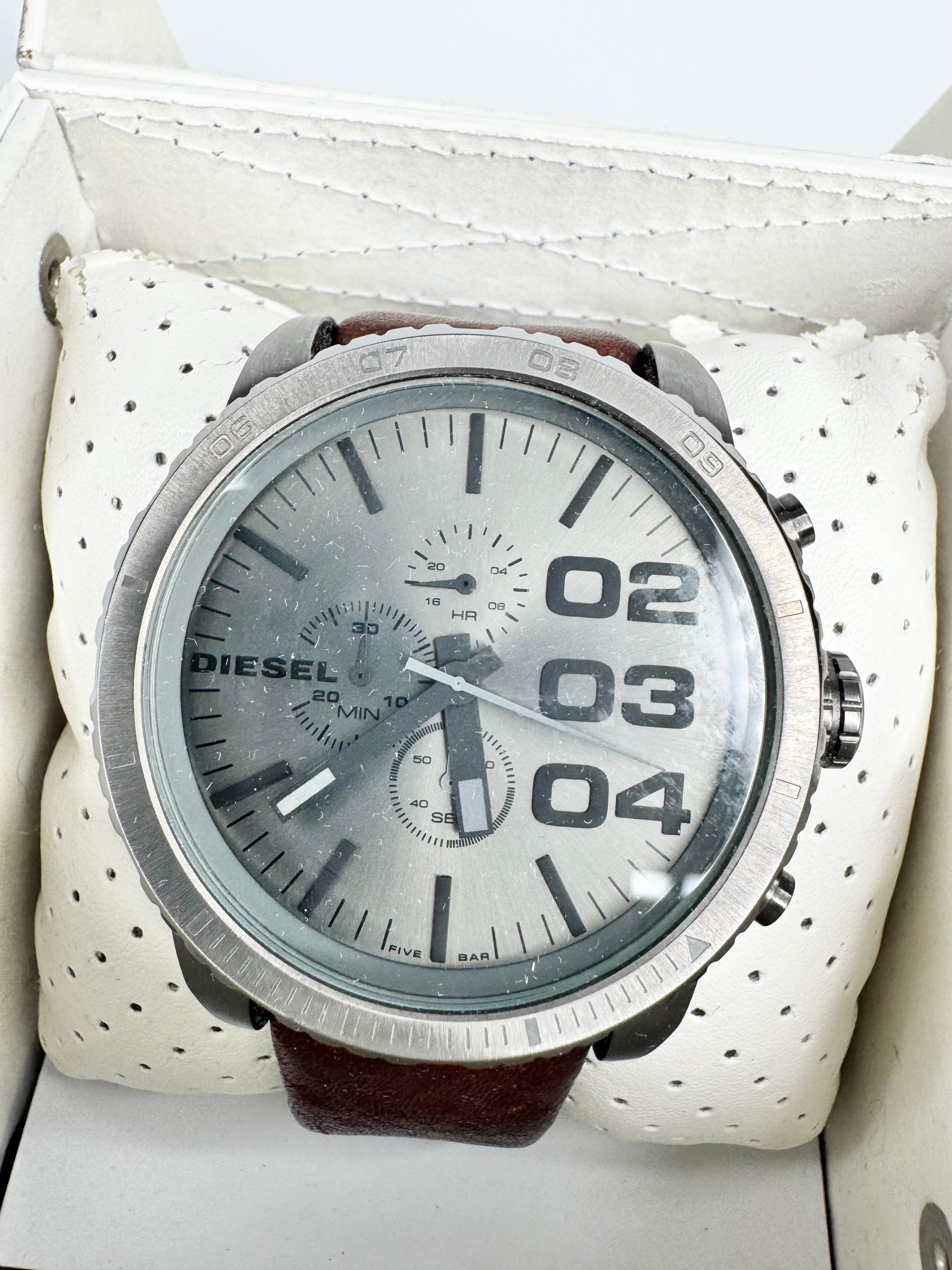 Diesel Grey Faced Stainless Steel Watch with Brown Leather Wristband