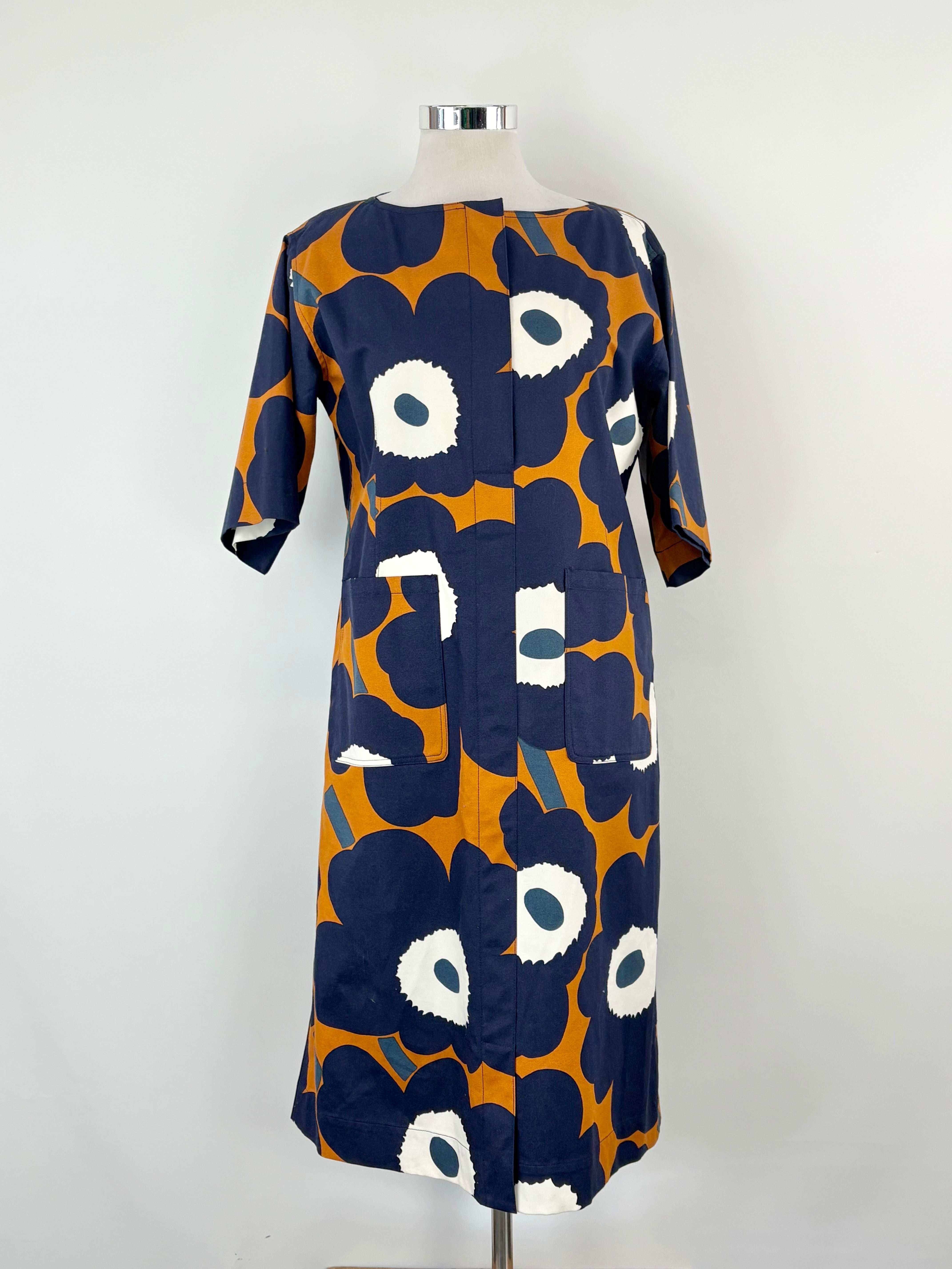 Marimekko Blue & Deep Orange 'Tahtimo' Unikko Maxi Dress - L