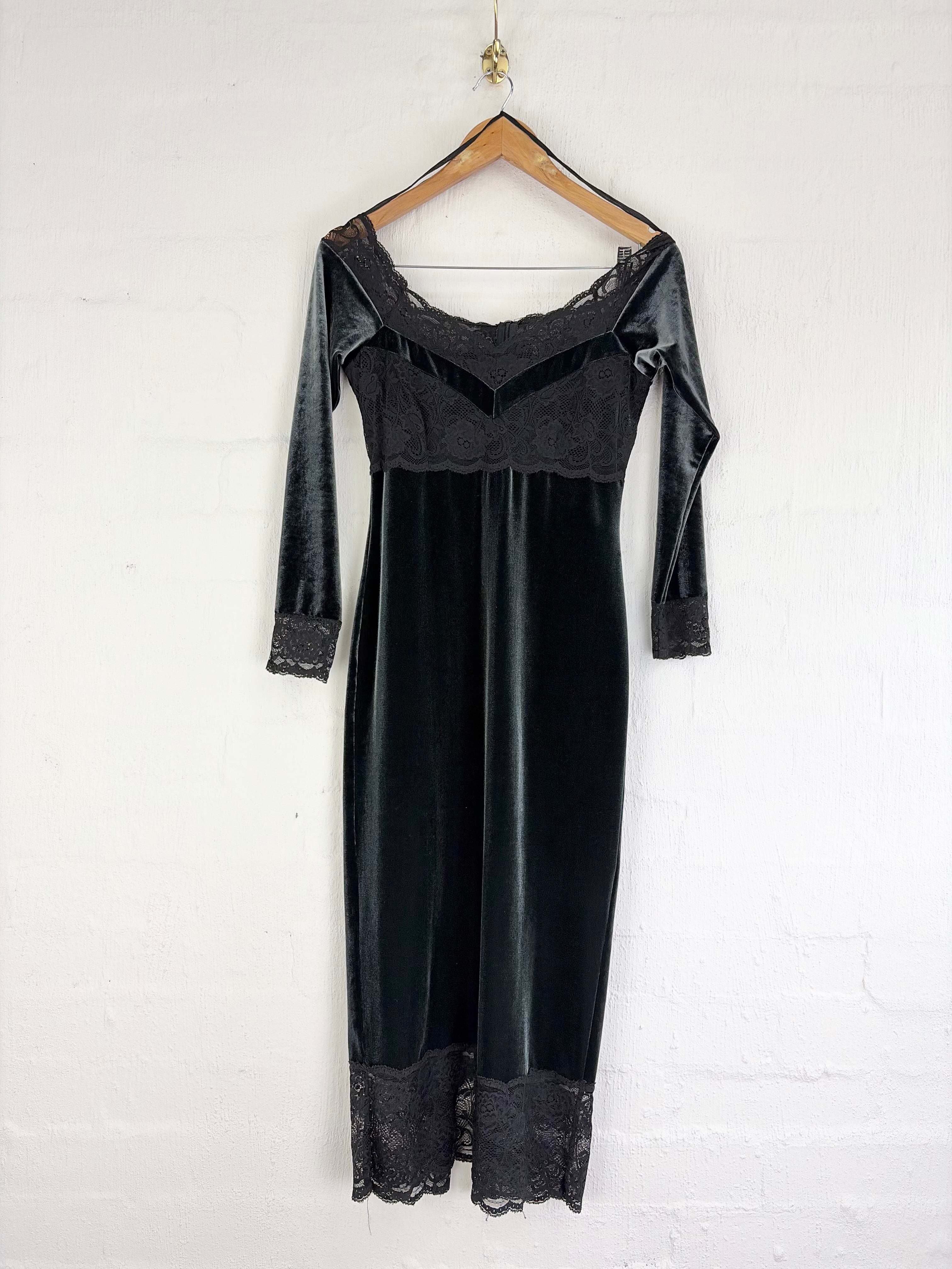 Gerry Shaw Pine Green & Black Lace & Velvet Maxi Dress - AU10