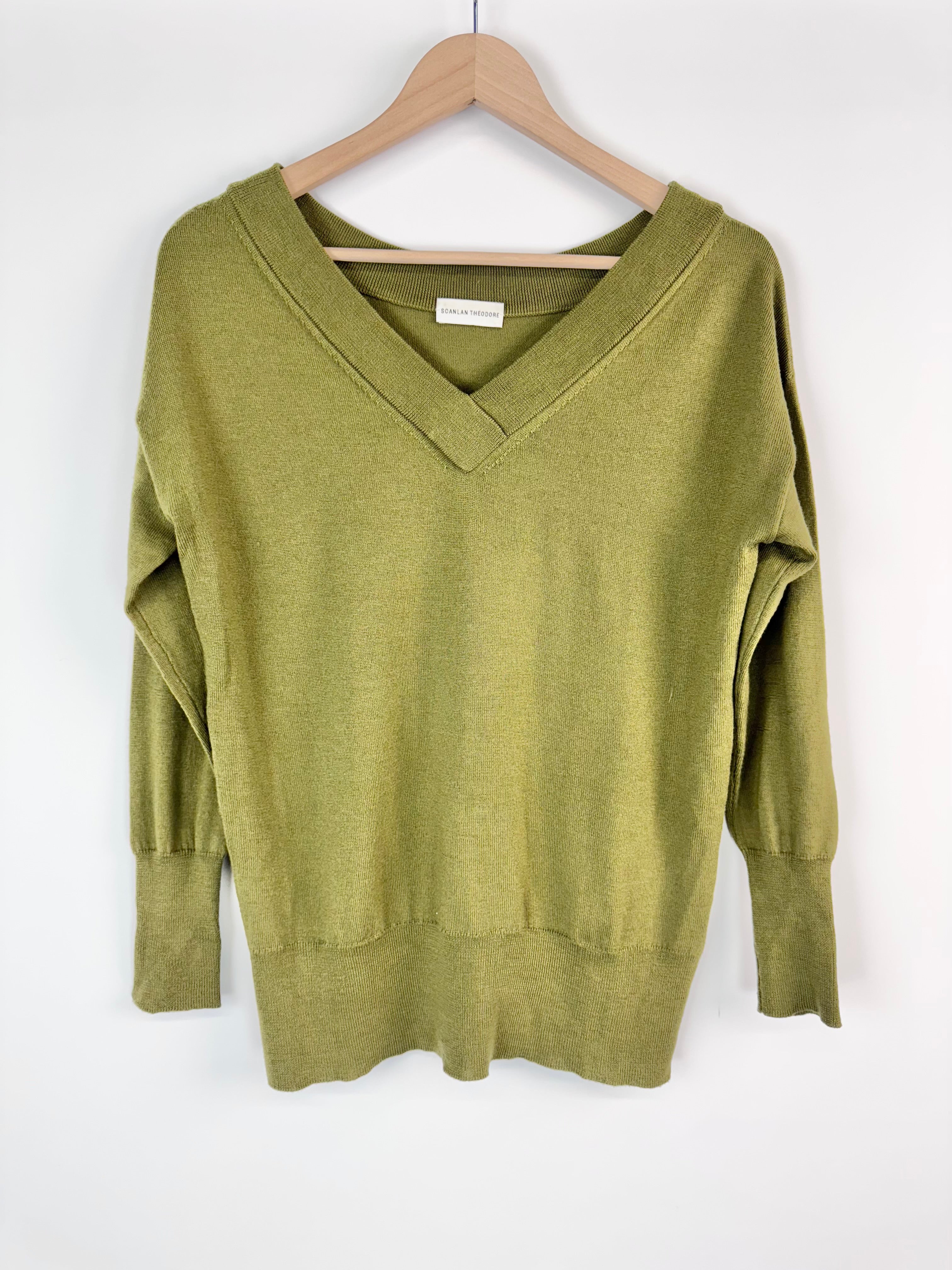 Scanlan Theodore Olive Green Merino Wool V-Neck Jumper - AU8/10