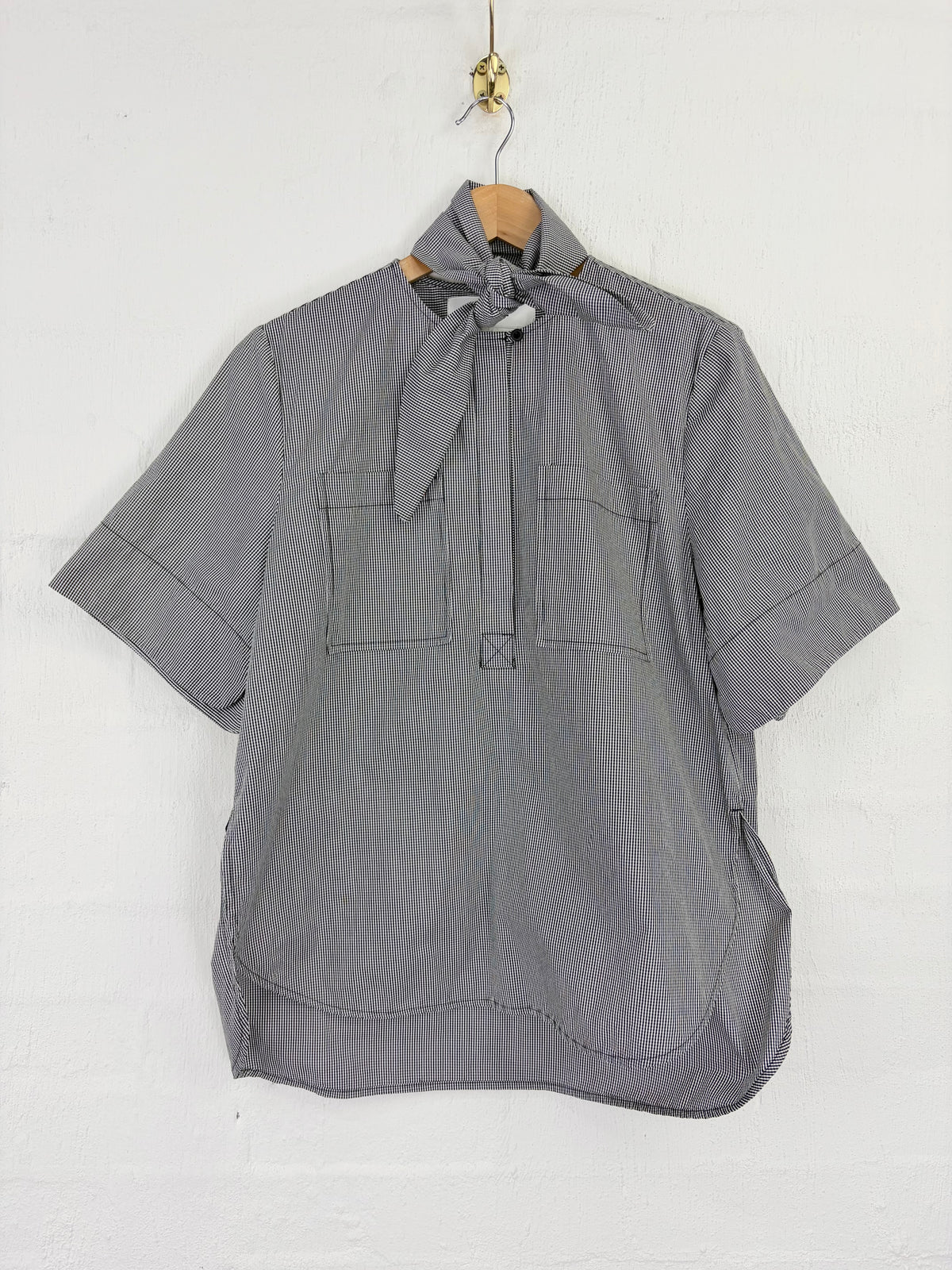 Le Stripe Black & White Micro Gingham Short Sleeve Blouse - AU10/12