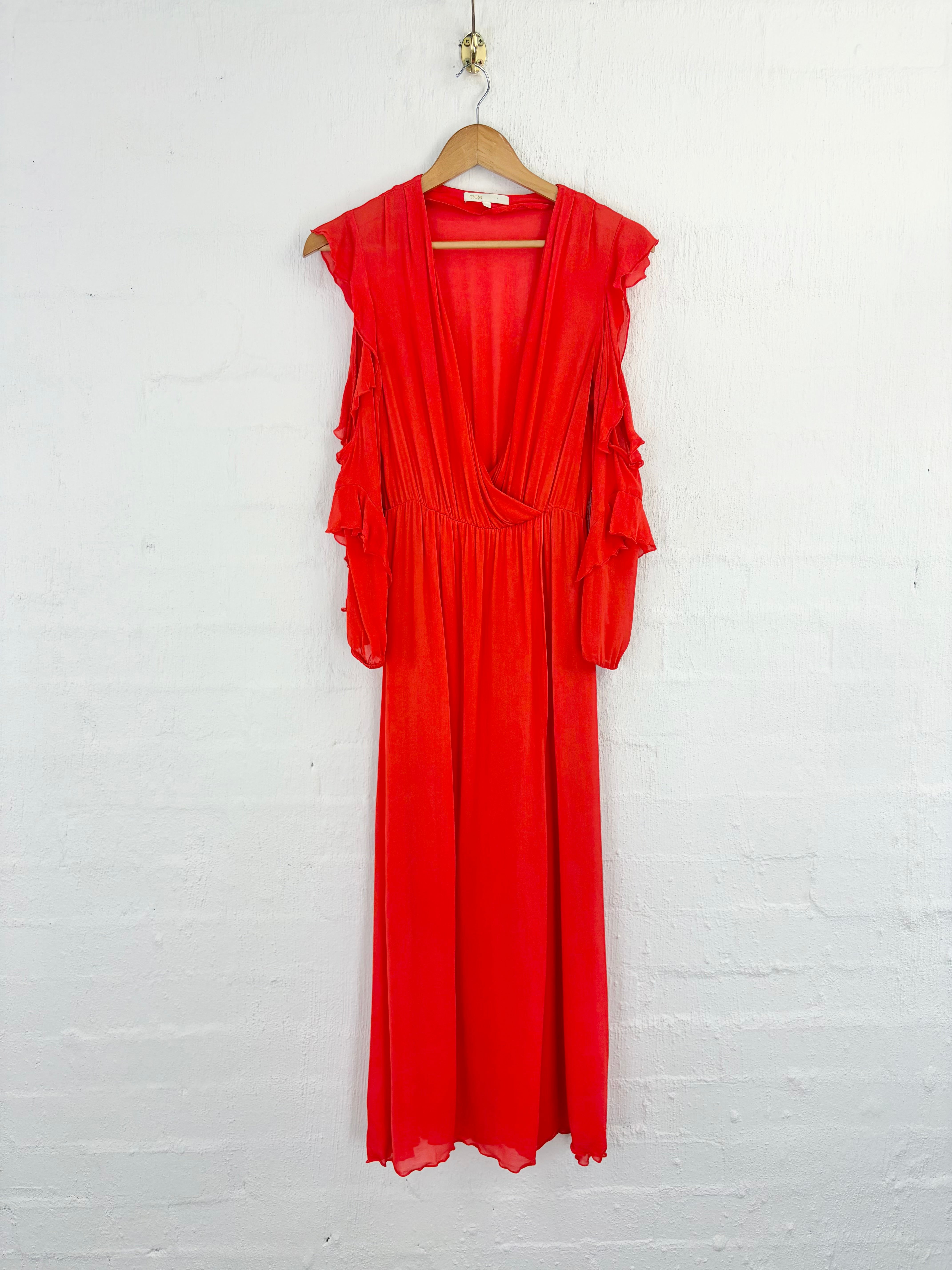 Maje Sheer Crimson Silk Ruffle Dress - AU10