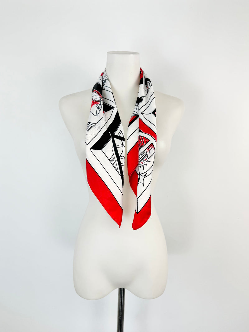Red, Black & White Silk Panel Square Scarf