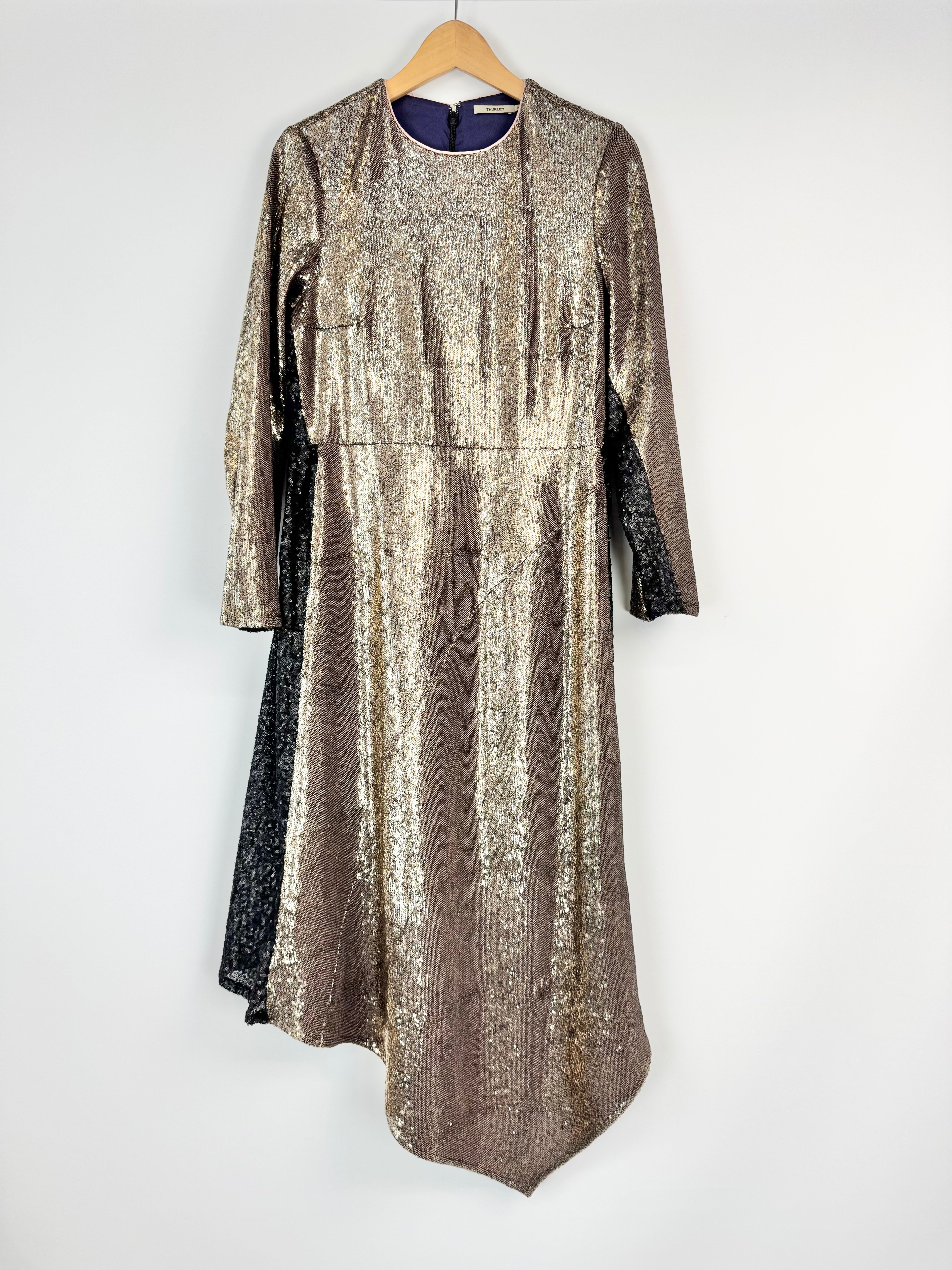 Thurley 'Stardust' Gold Sequin Long Sleeve Asymmetrical Dress - AU10