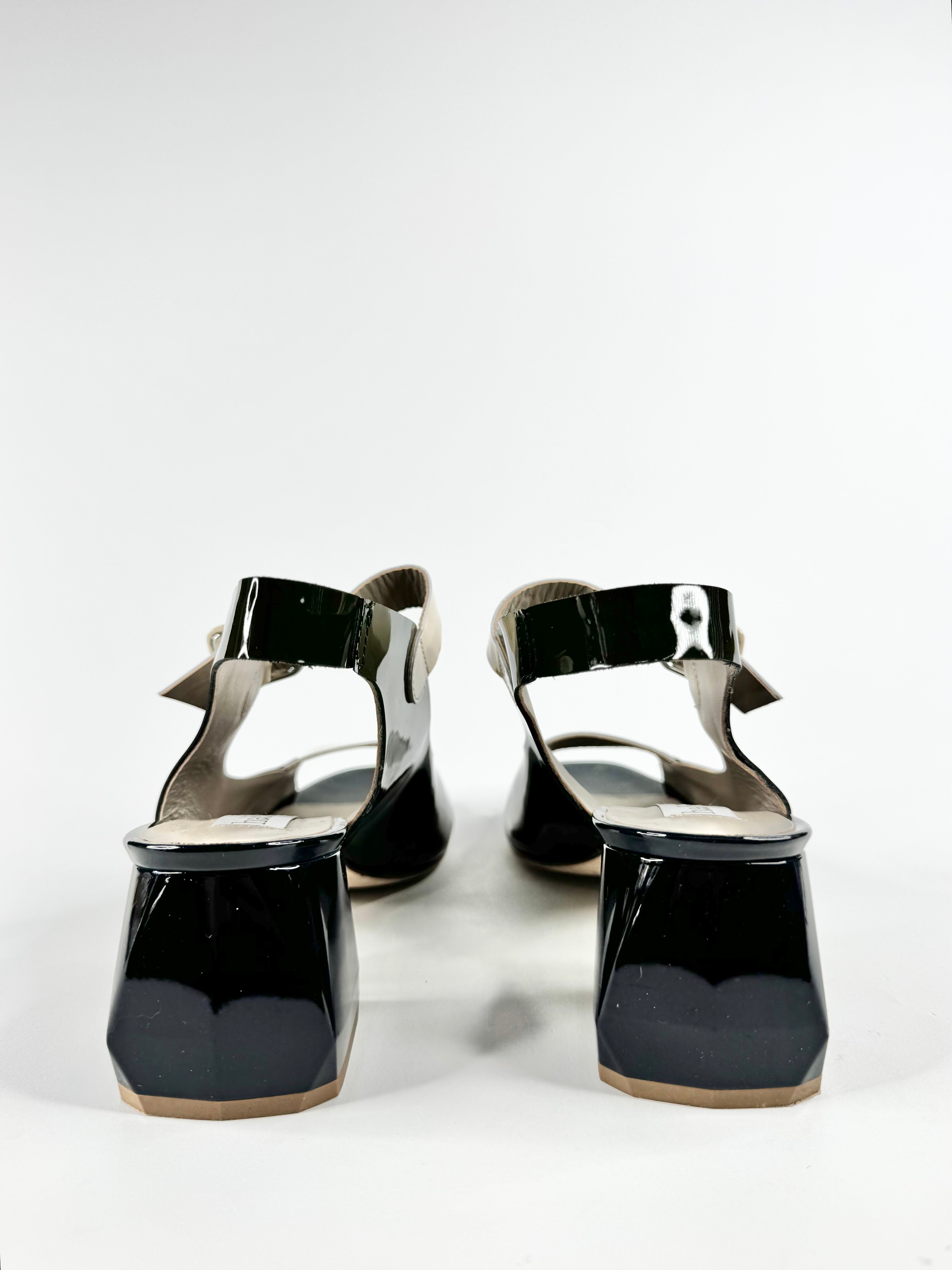 Habbot Dark Green, Navy & Beige 'Luca' Patent Leather Low Block Heel Sandals - EU40