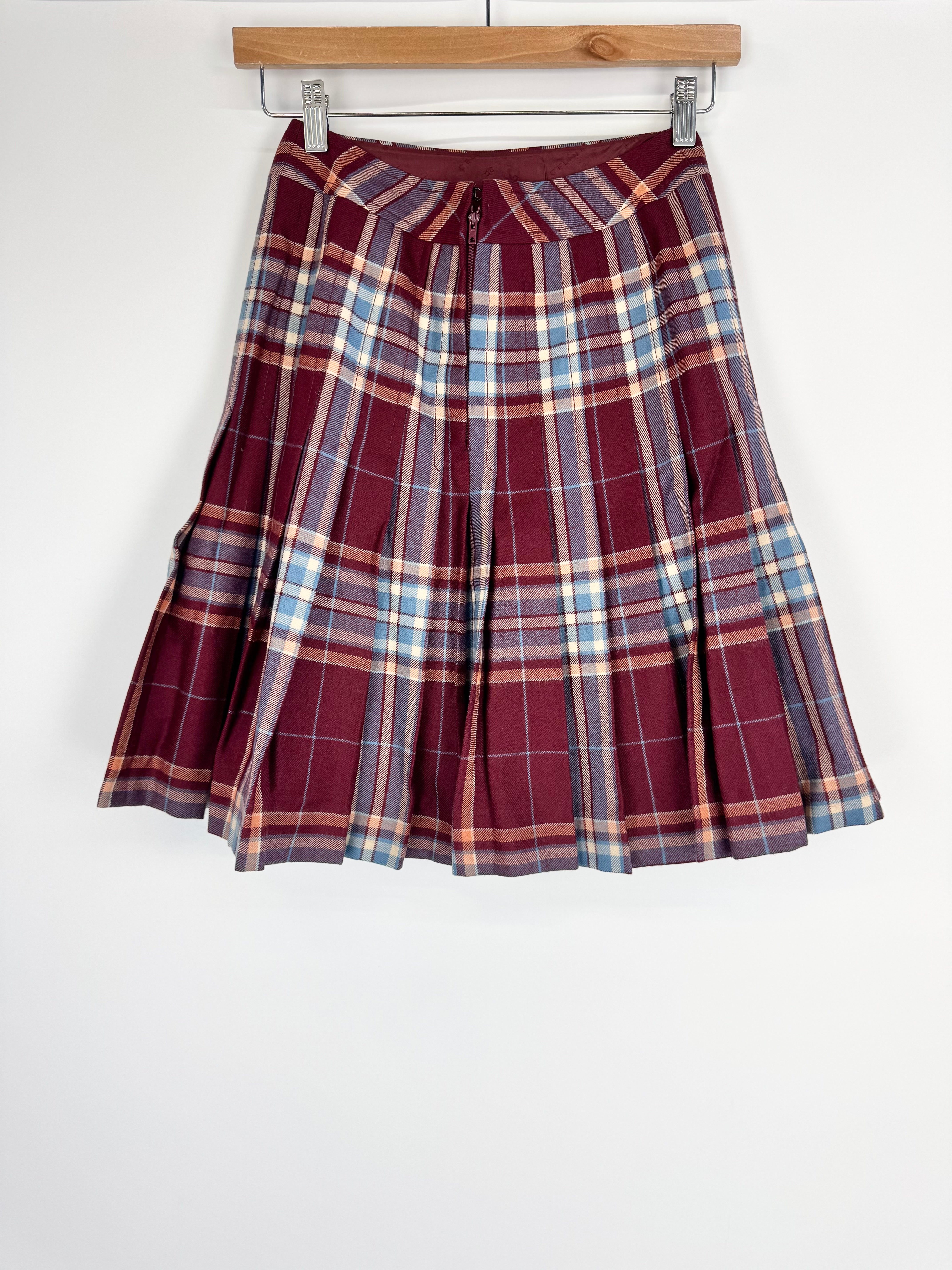 Vintage Celine Burgundy & Blue Tartan Pleat Mini Skirt - AU8/10