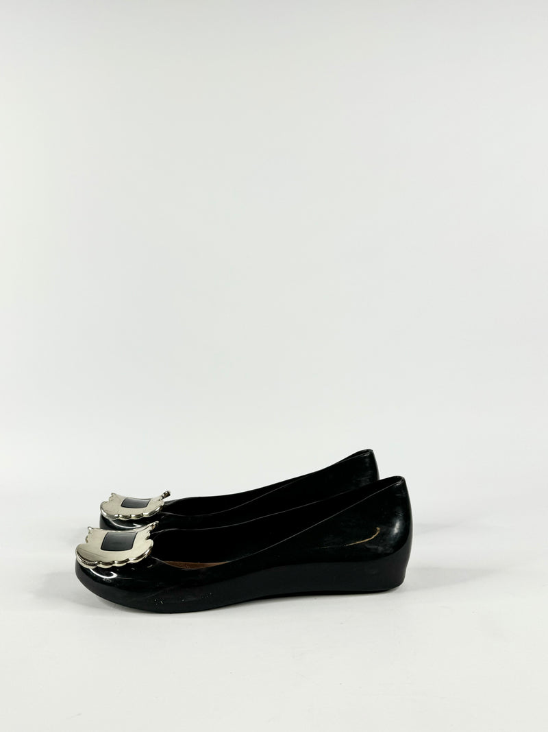 Vivienne Westwood x Melissa Black Silver Buckle Peep Toe Ballet Flats - EU38