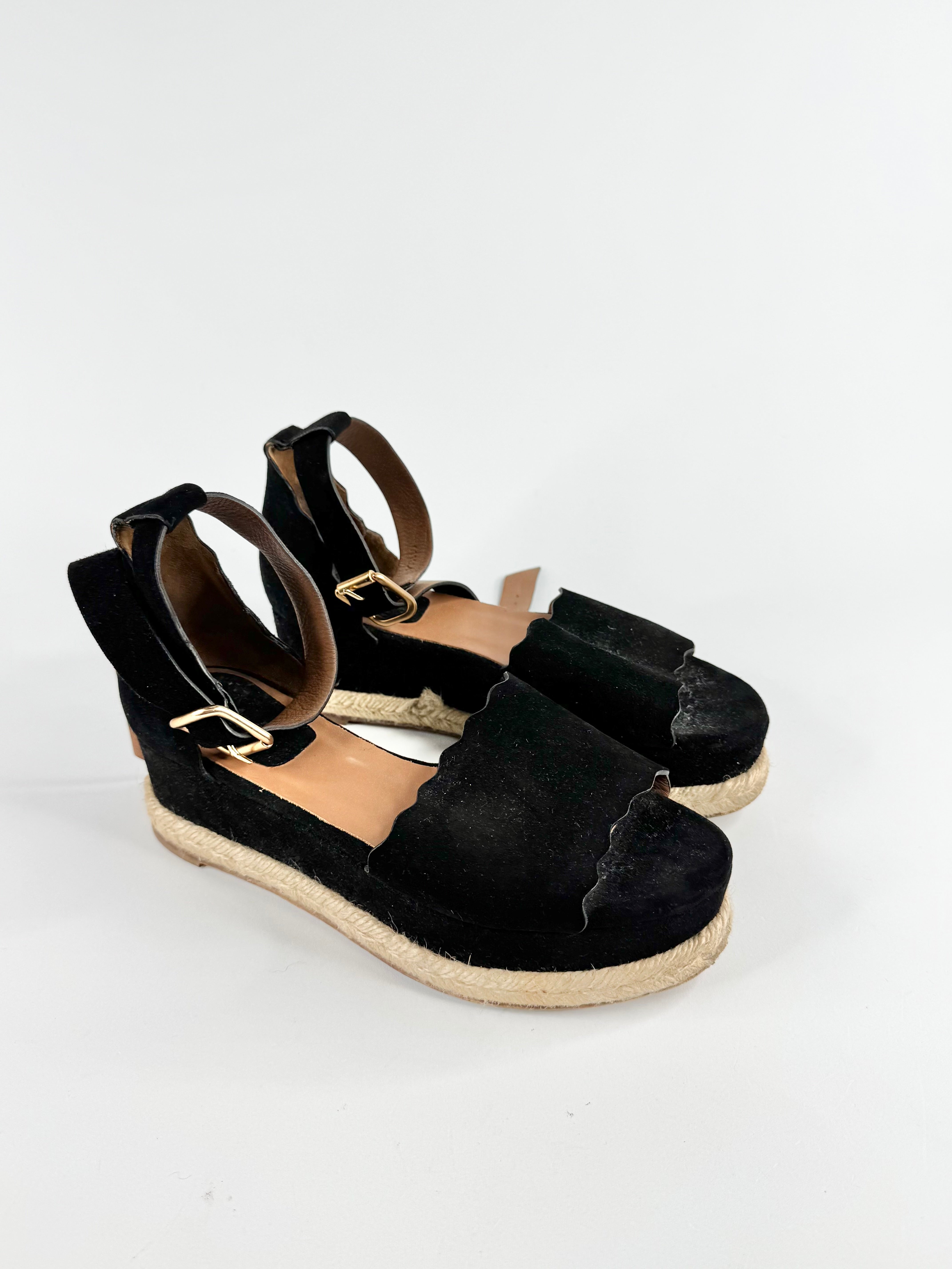 Chloe Black Suede 'Lauren' Scallop Trim Espadrilles - EU38
