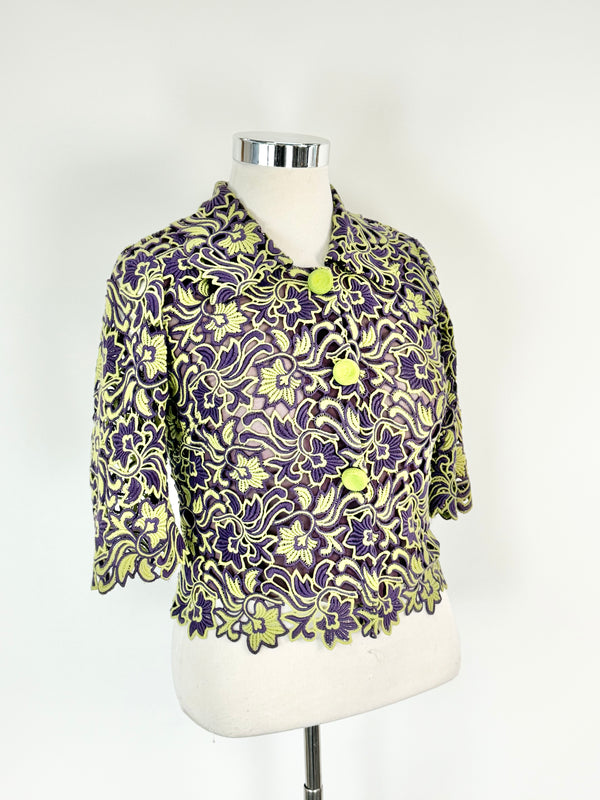 Moss & Spy Lichen Green & Violet Lace Button Up Top - AU10