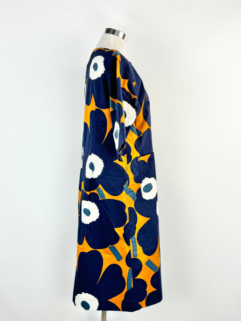 Marimekko Blue & Deep Orange Tahtimo Unikko Maxi Dress - XL