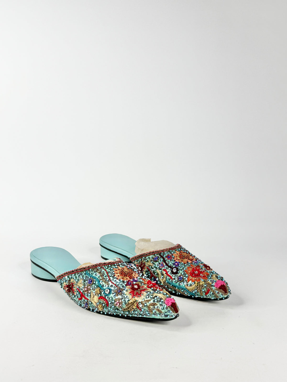 Aqua Hand Embroidered Mules - 9