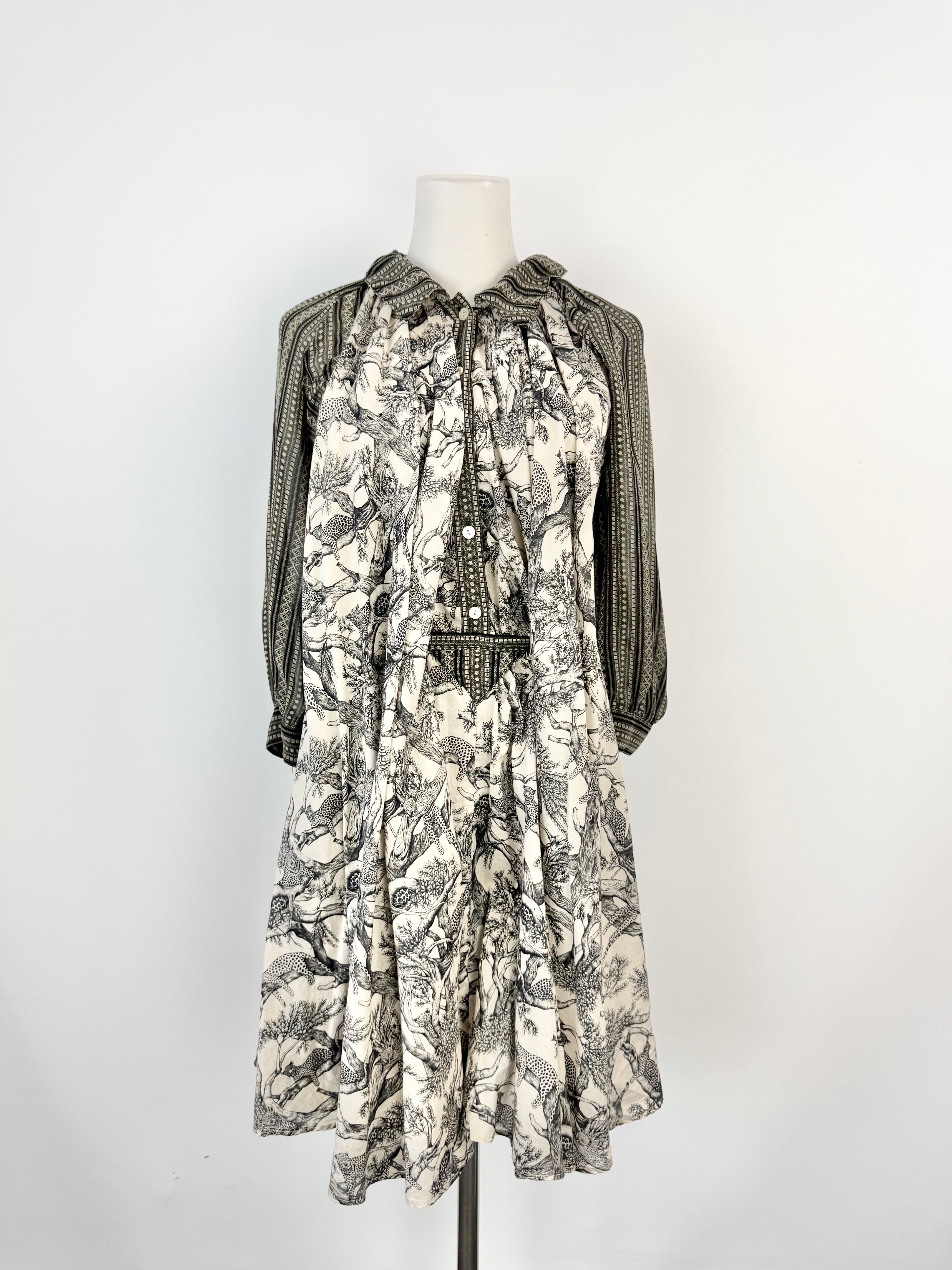 Archival Issey Miyake x Frapbois Black and Cream Leopard Printed Long Sleeve Flowy Swing Dress - AU8/10