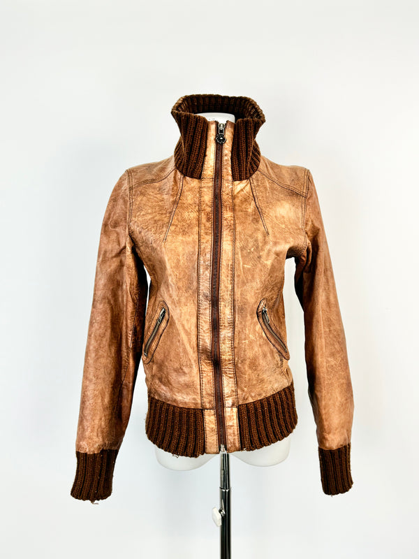 Maison & Scotch Tan Leather & Knit Jacket - AU8/10