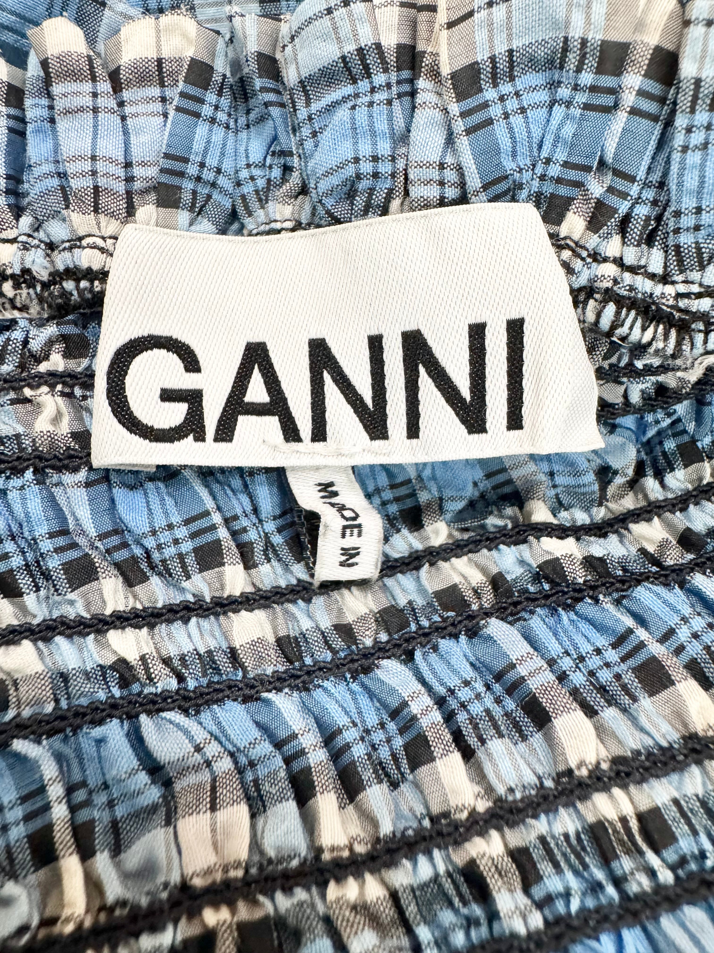 Ganni Blue Plaid Shirred Seersucker Midi Dress - AU10