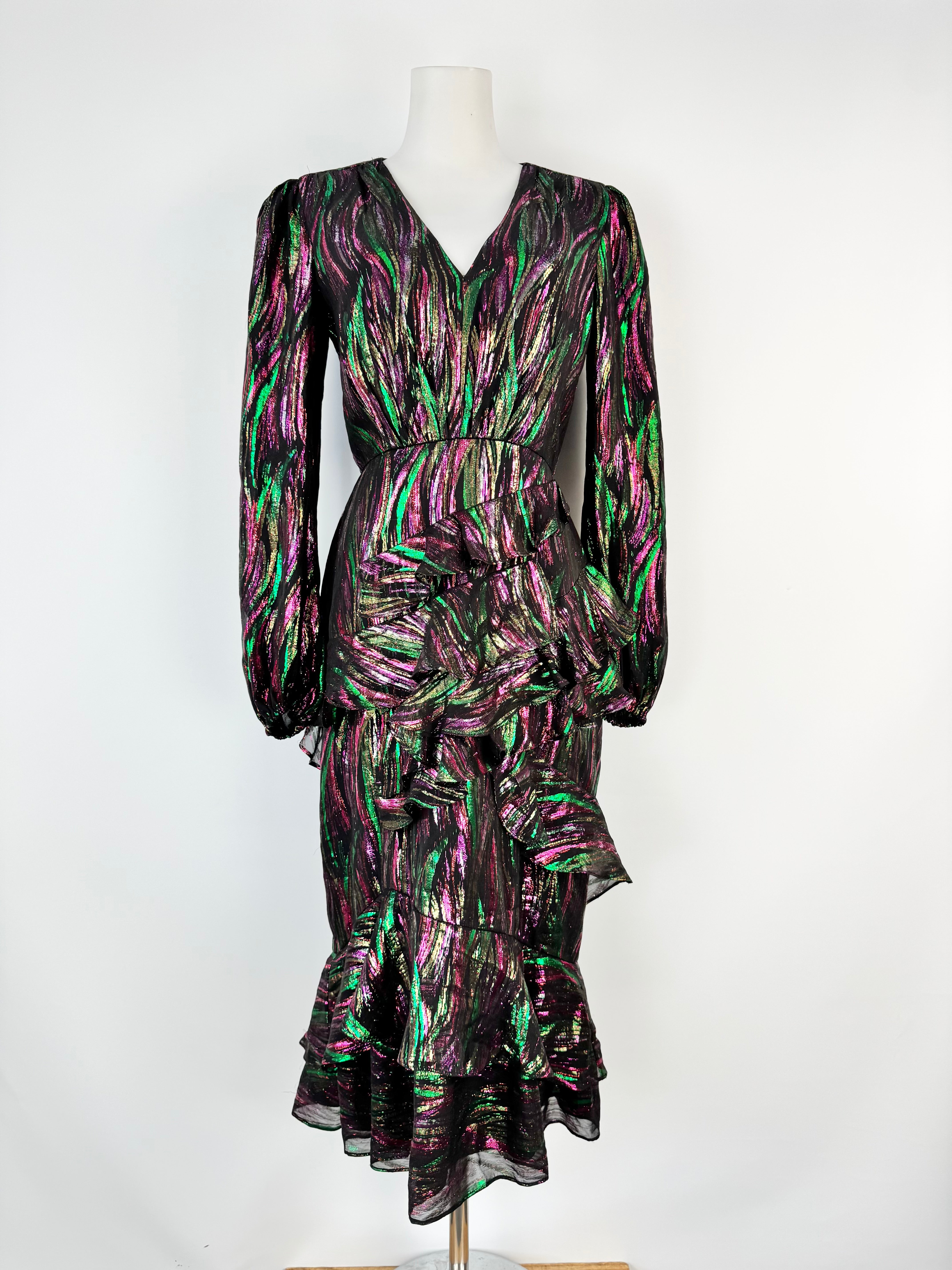 Saloni 'Alya' Ruffled Metallic Fil Coupe Silk-Blend Chiffon Midi Dress - AU8