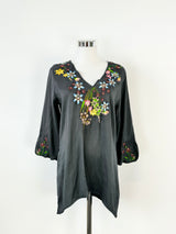 Johnny Was Dark Grey Silk Floral Embroidered Blouse - AU10