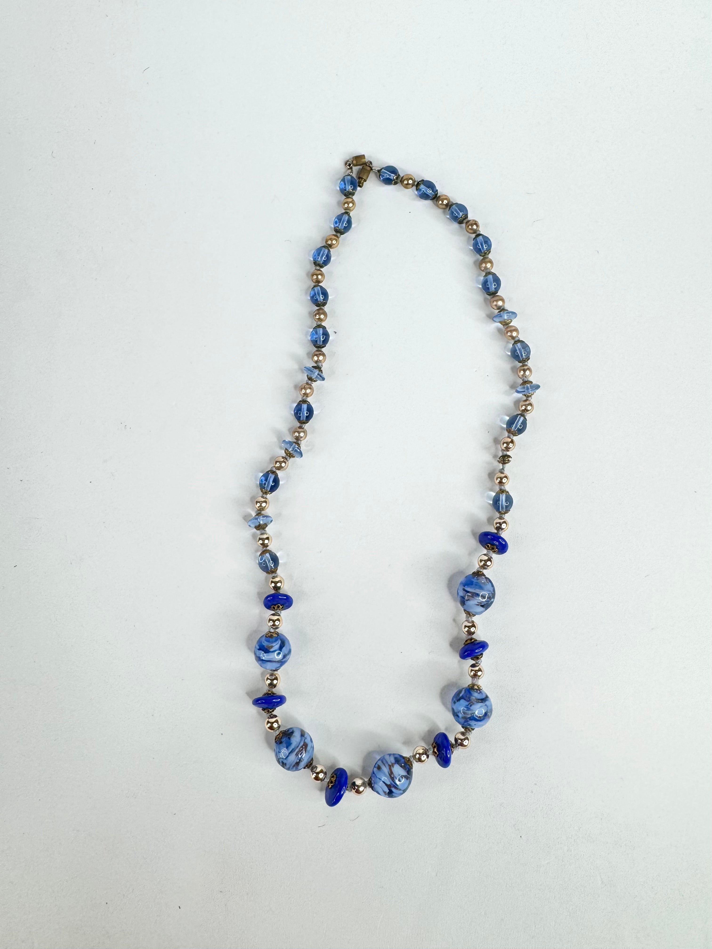 Vintage 90s Blue & Gold Glass Bead Necklace