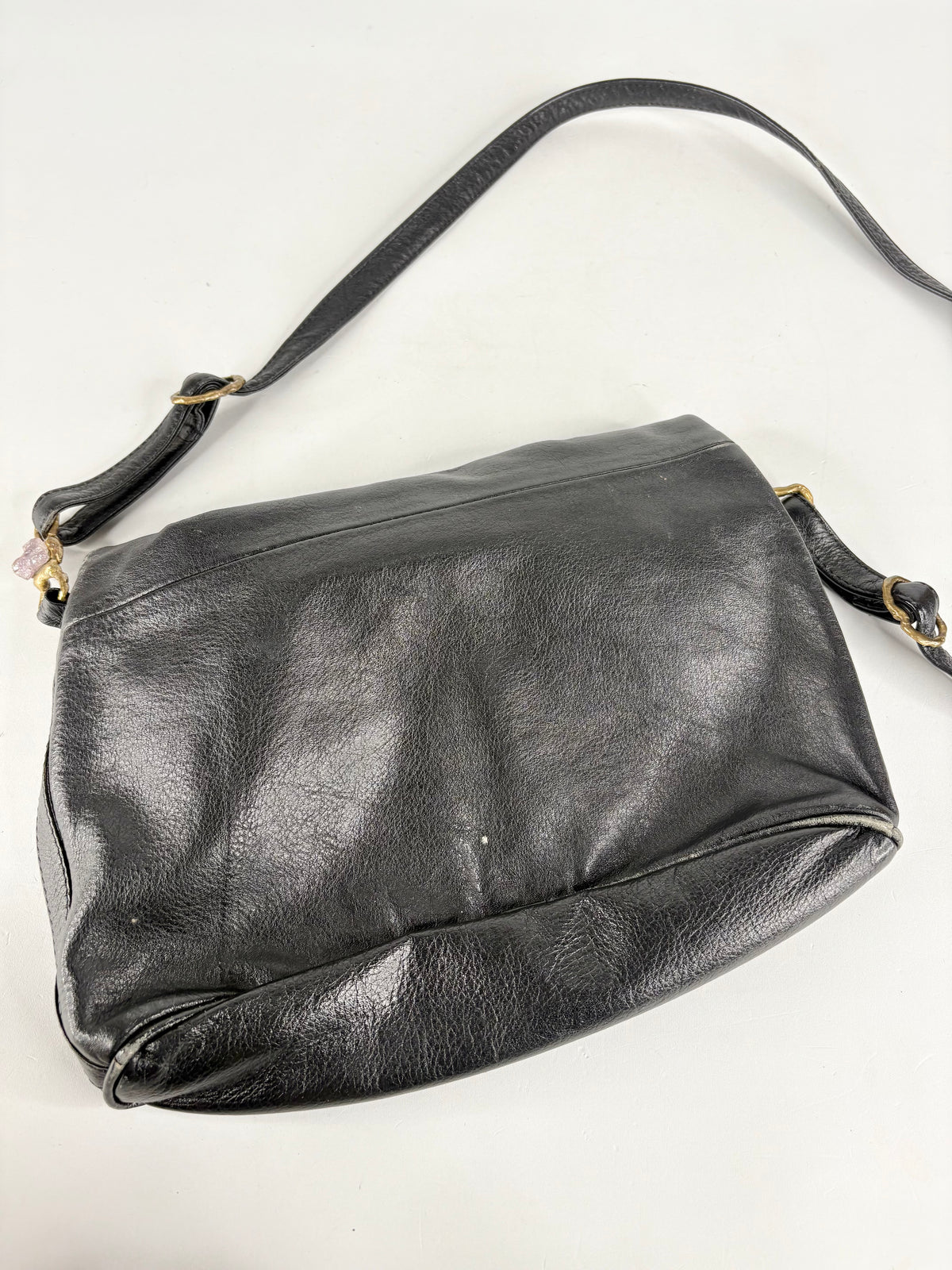 Amethyst Encrusted Black Leather Shoulder Satchel Bag