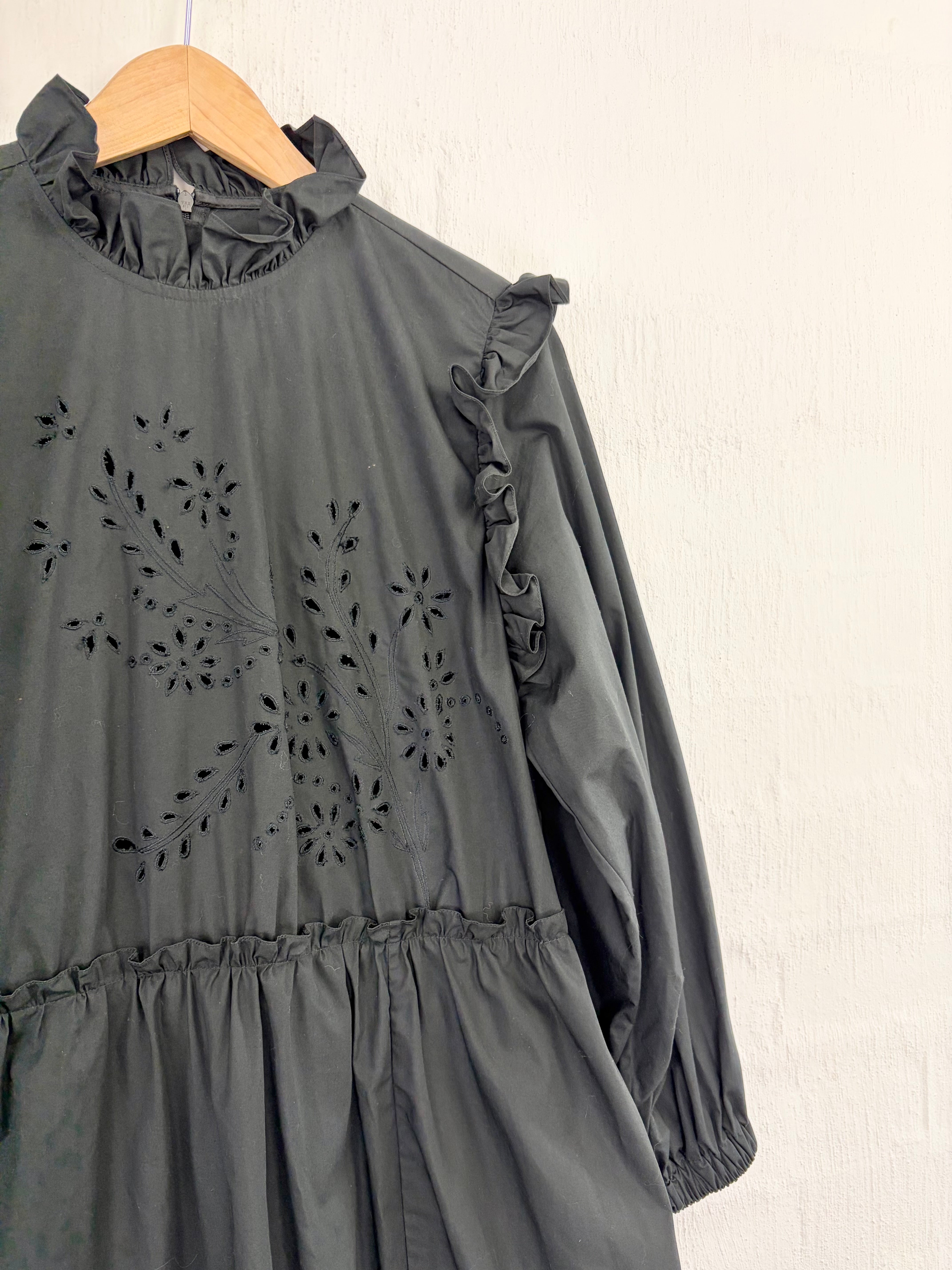 Biyan Black Ruffle Trim Long Sleeve Prairie Dress - AU12