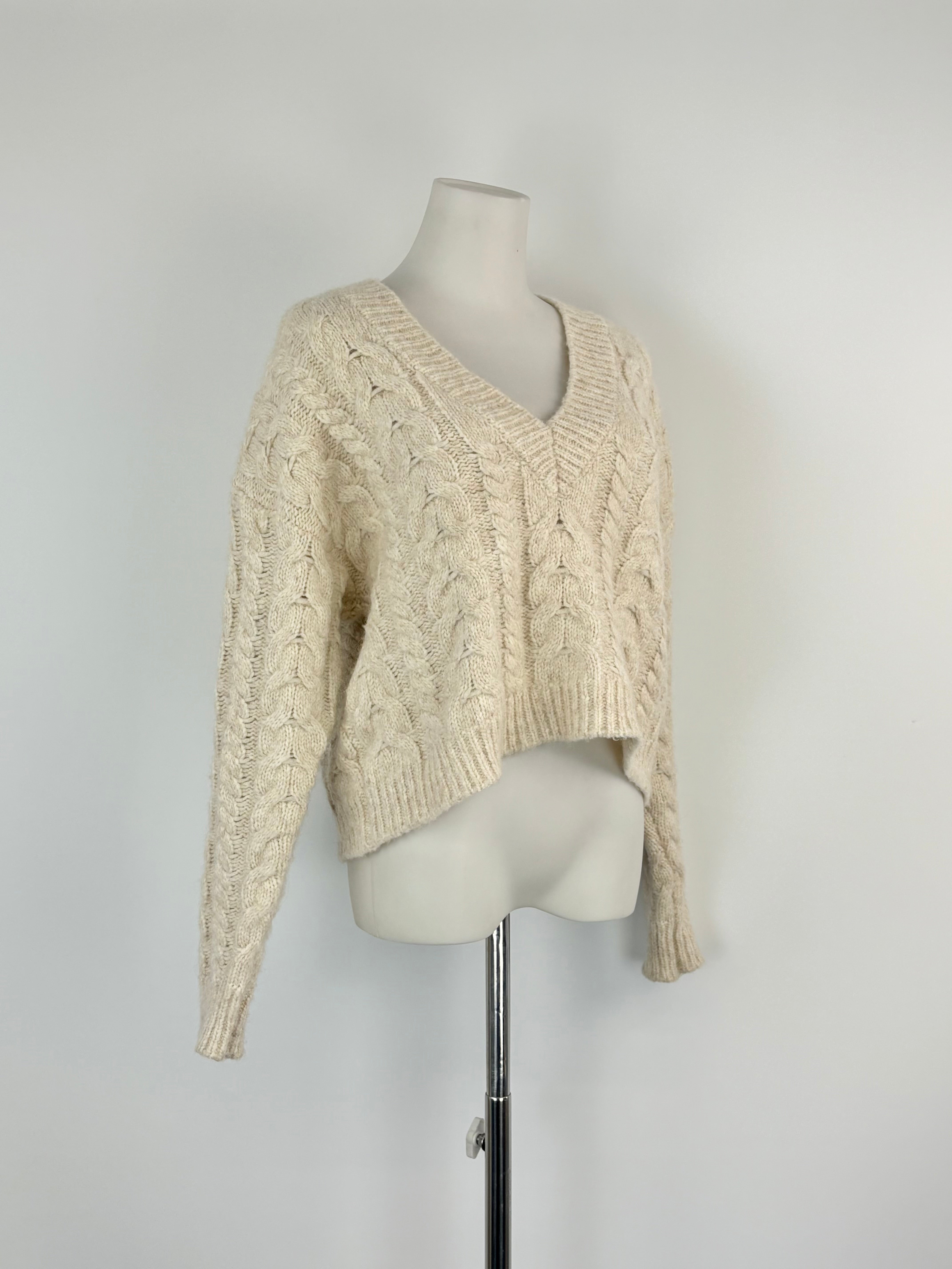 Husk Cable Knit Cream Alpaca & Wool Blend Cropped Sweater - AU8