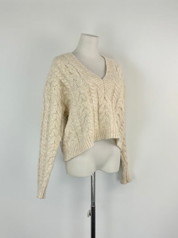 Husk Cable Knit Cream Alpaca & Wool Blend Cropped Sweater - AU8