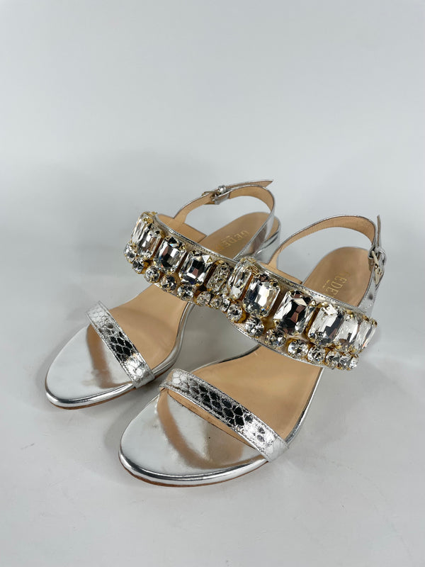 Gedebe Silver Bejeweled Leather Sandals - EU37