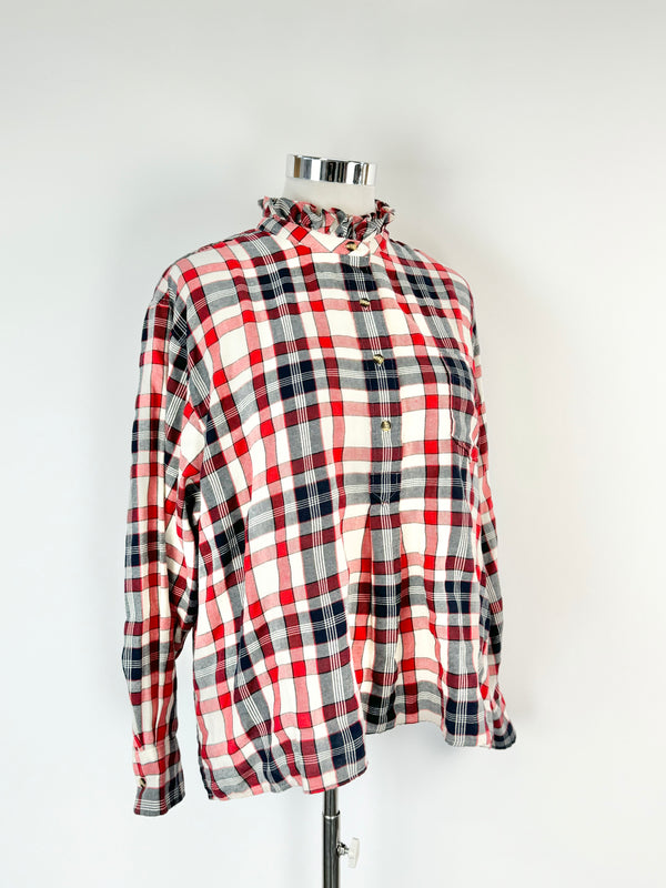 Alessandria Burnt Orange Plaid Ruffle Trim Blouse - AU16