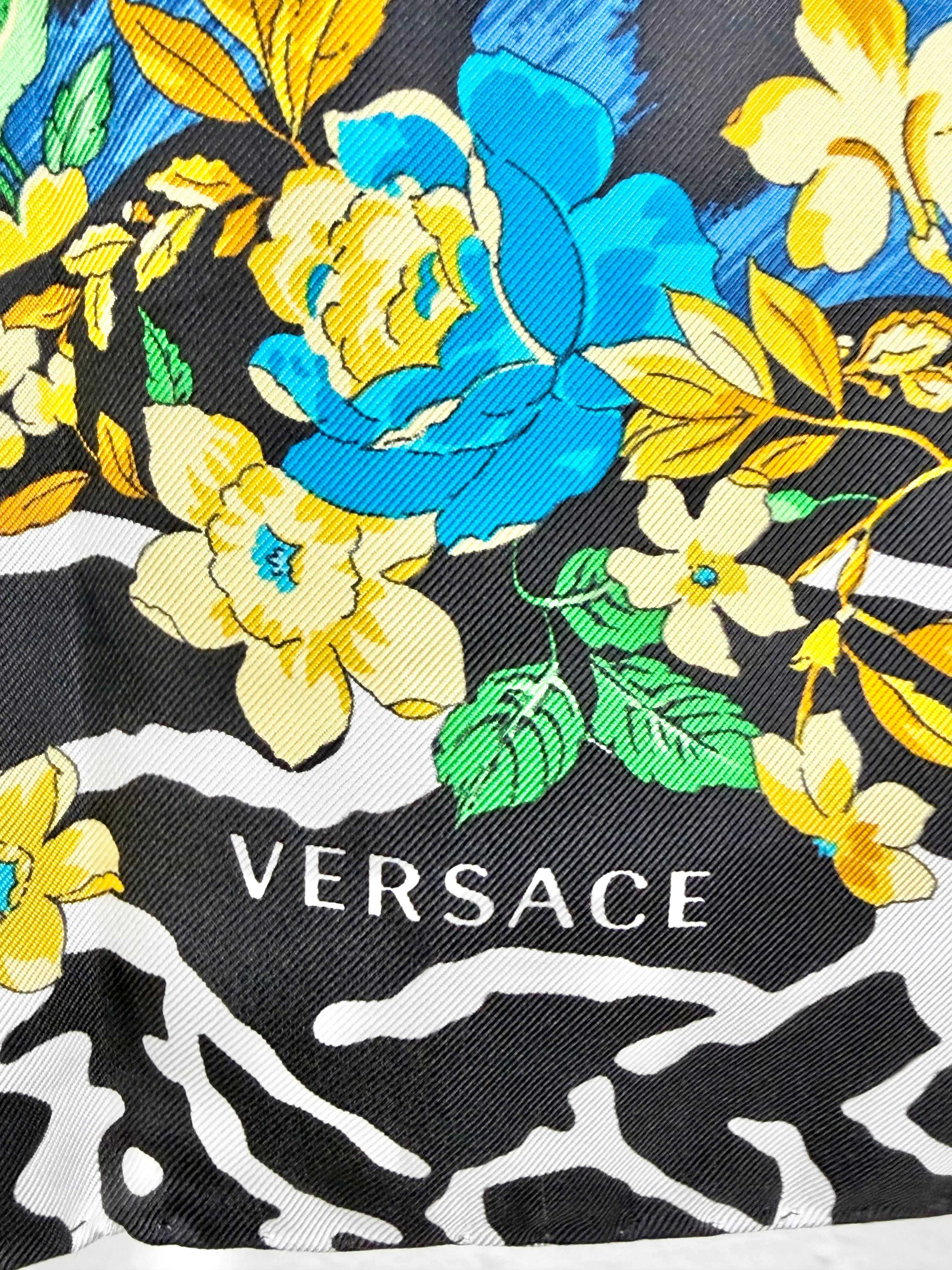 Versace Black Gold & Blue Leopard Print & Brocade Patterned Hand-Rolled Silk Scarf