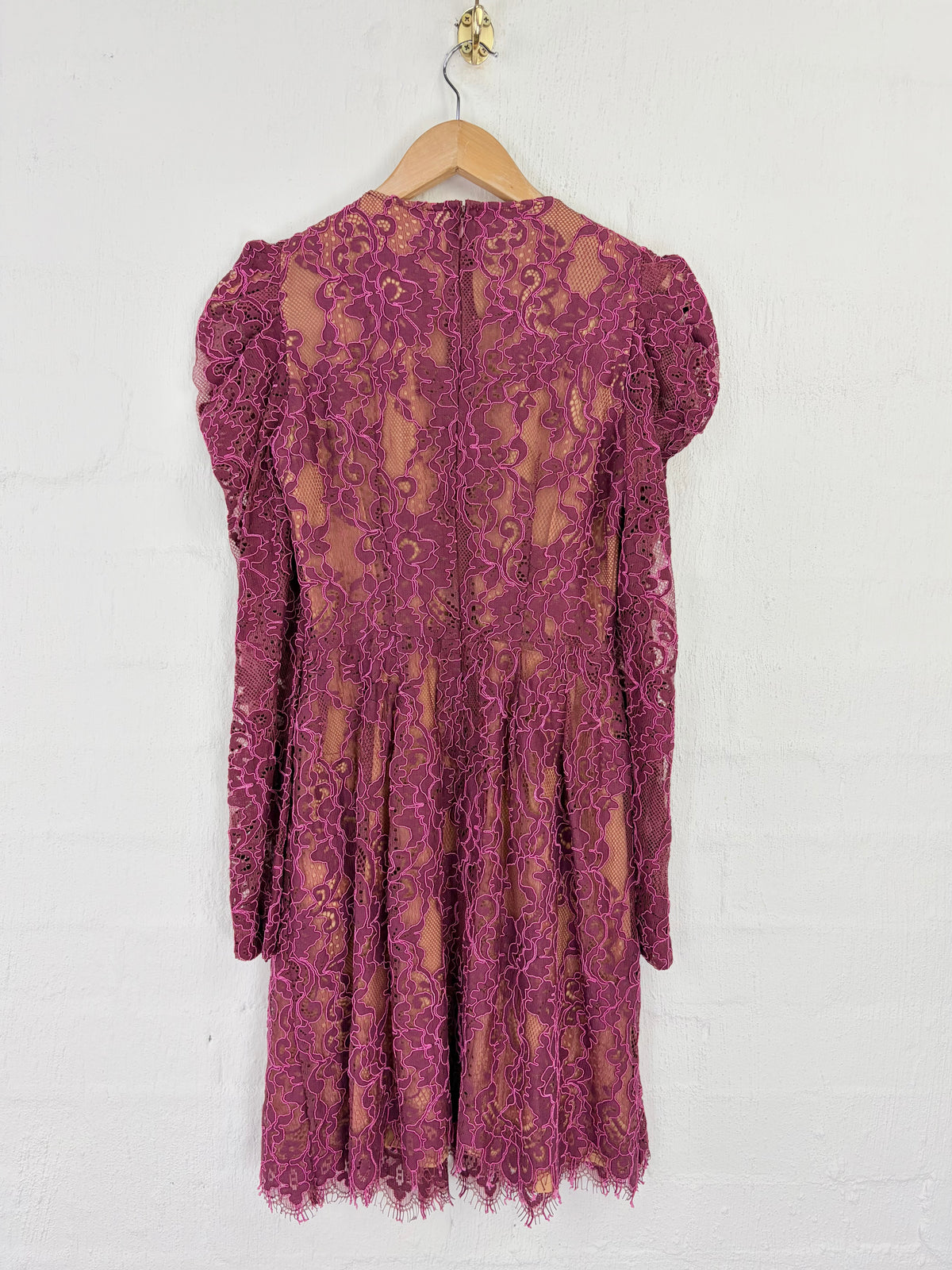 Michael Kors Puff-Sleeve Corded Floral Lace Fit & Flare Dress in Cordovan - AU8/10