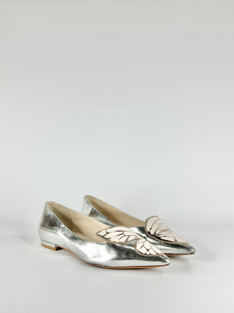 Sophia Webster Silver Butterfly Motif Pointed Toe Flats - EU37