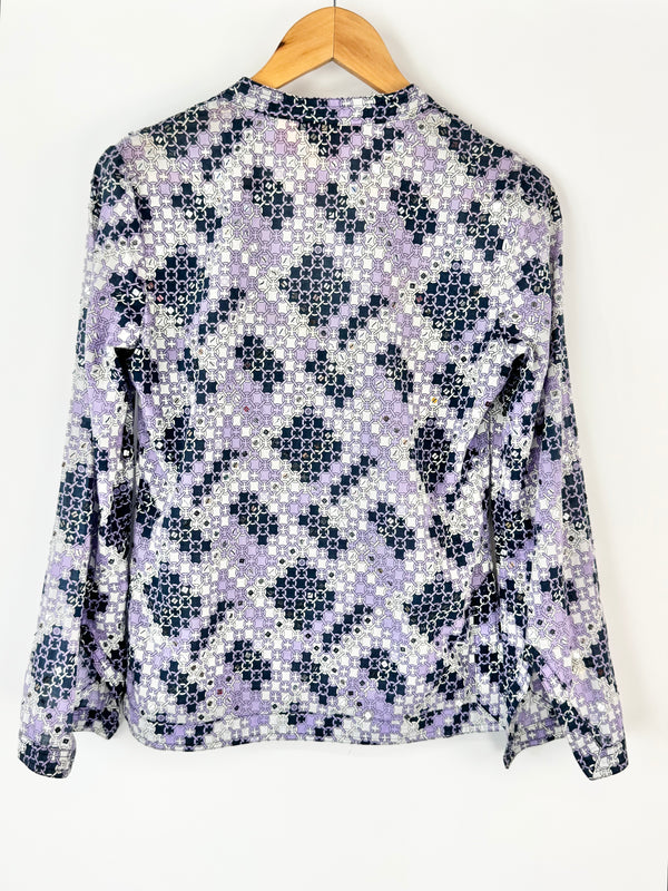 Tory Burch Purple, White & Blue Patterned Cotton Blouse- AU10