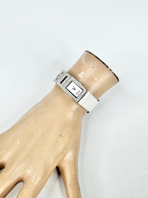 D&G White Leather 'DG' Crystal Embellished Watch