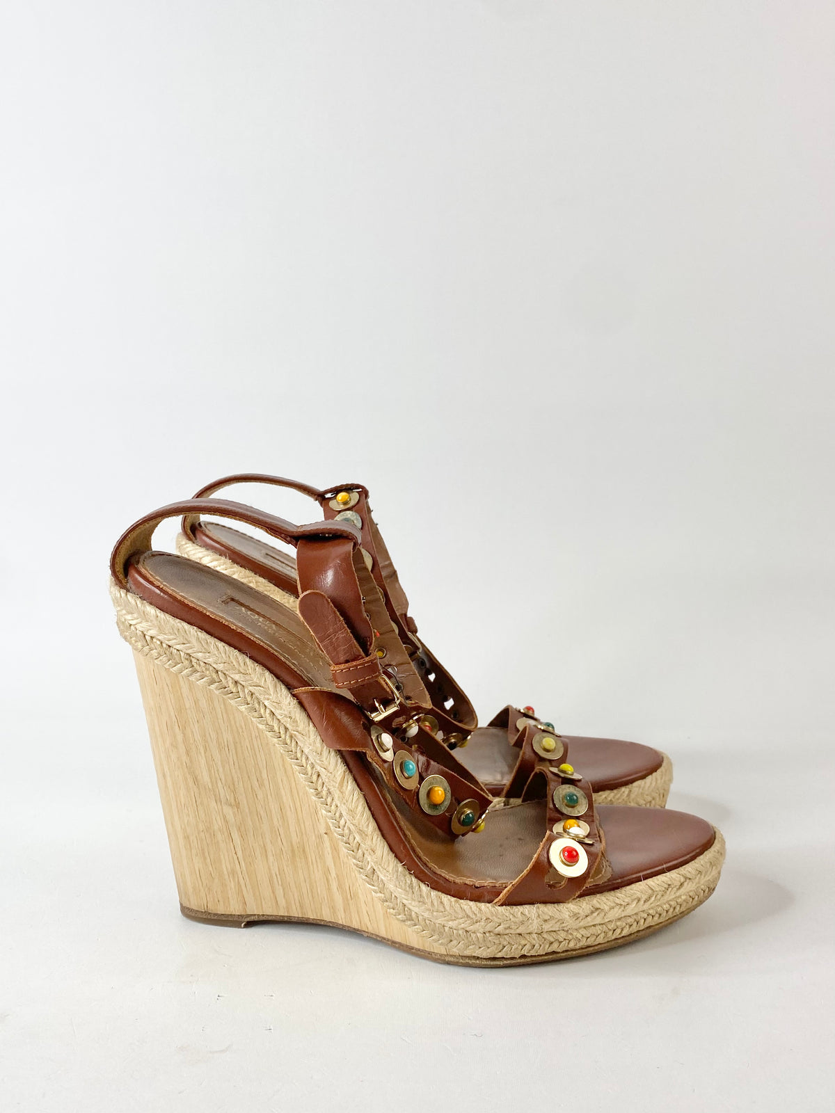 Aquazzura Tan Semi-Precious Stone Studded Wedges - EU38