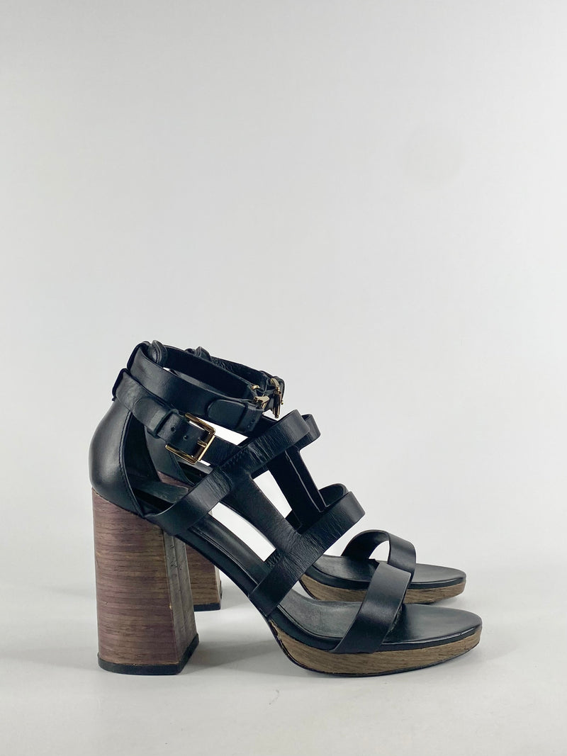 Husk Black Strap Block Heels - EU39