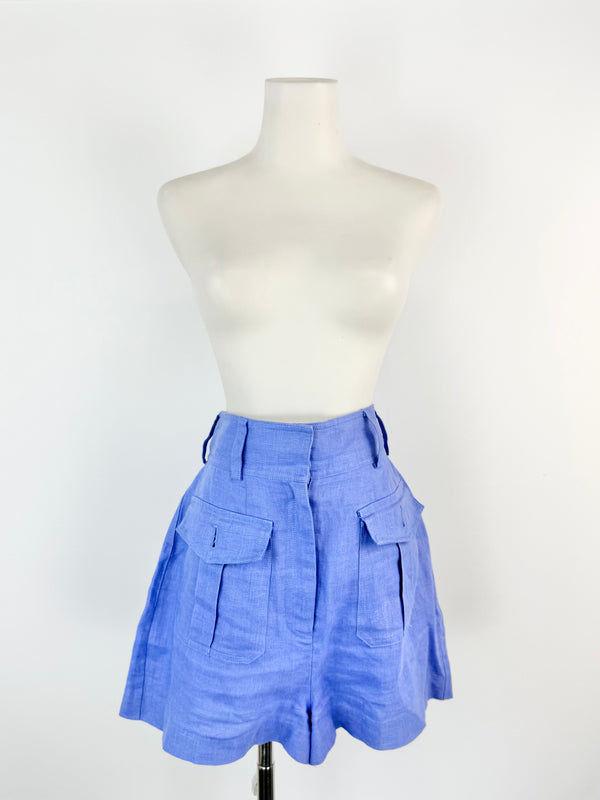 Zimmermann Cornflower Blue Linen High Waisted Shorts - AU8/10