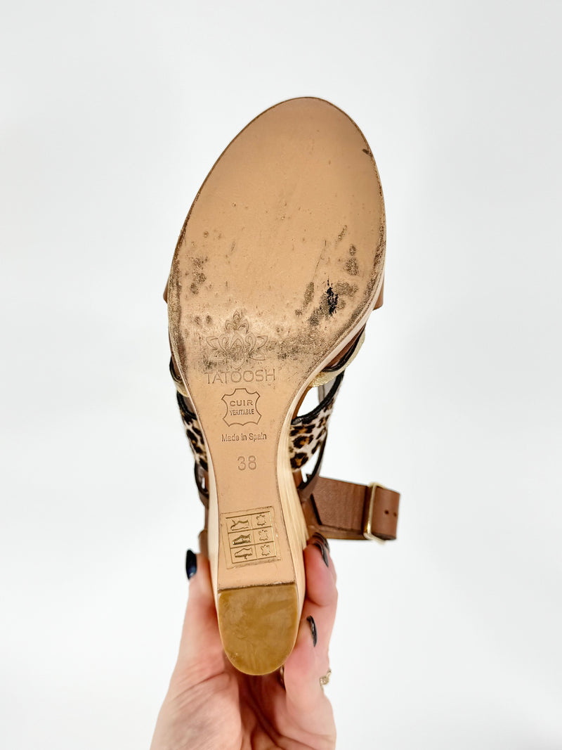 Tatoosh Tan & Leopard Print Peep Toe Wedges - EU38