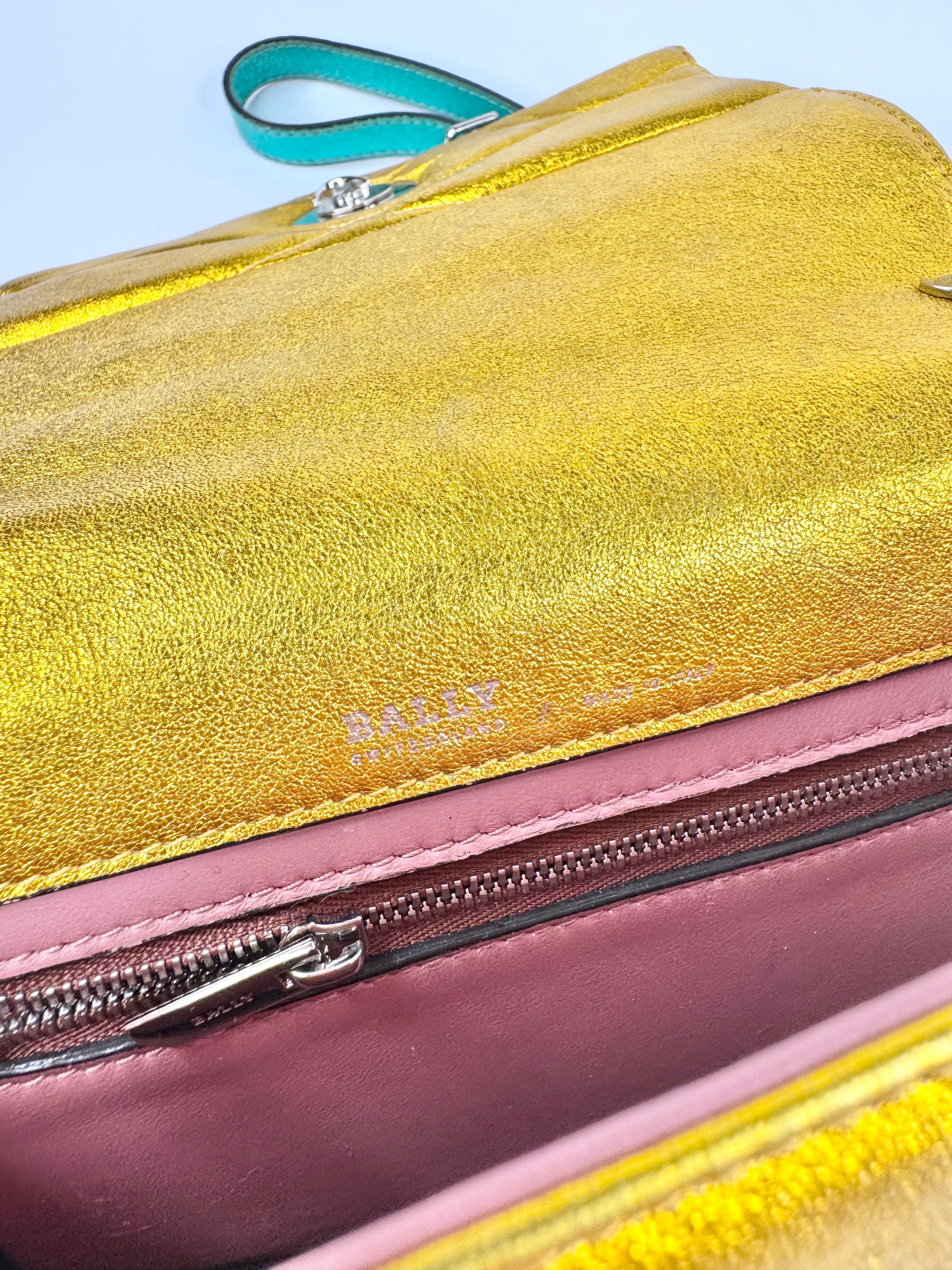 Bally Metallic Gold Crystal Studded Leather Shoulder Bag
