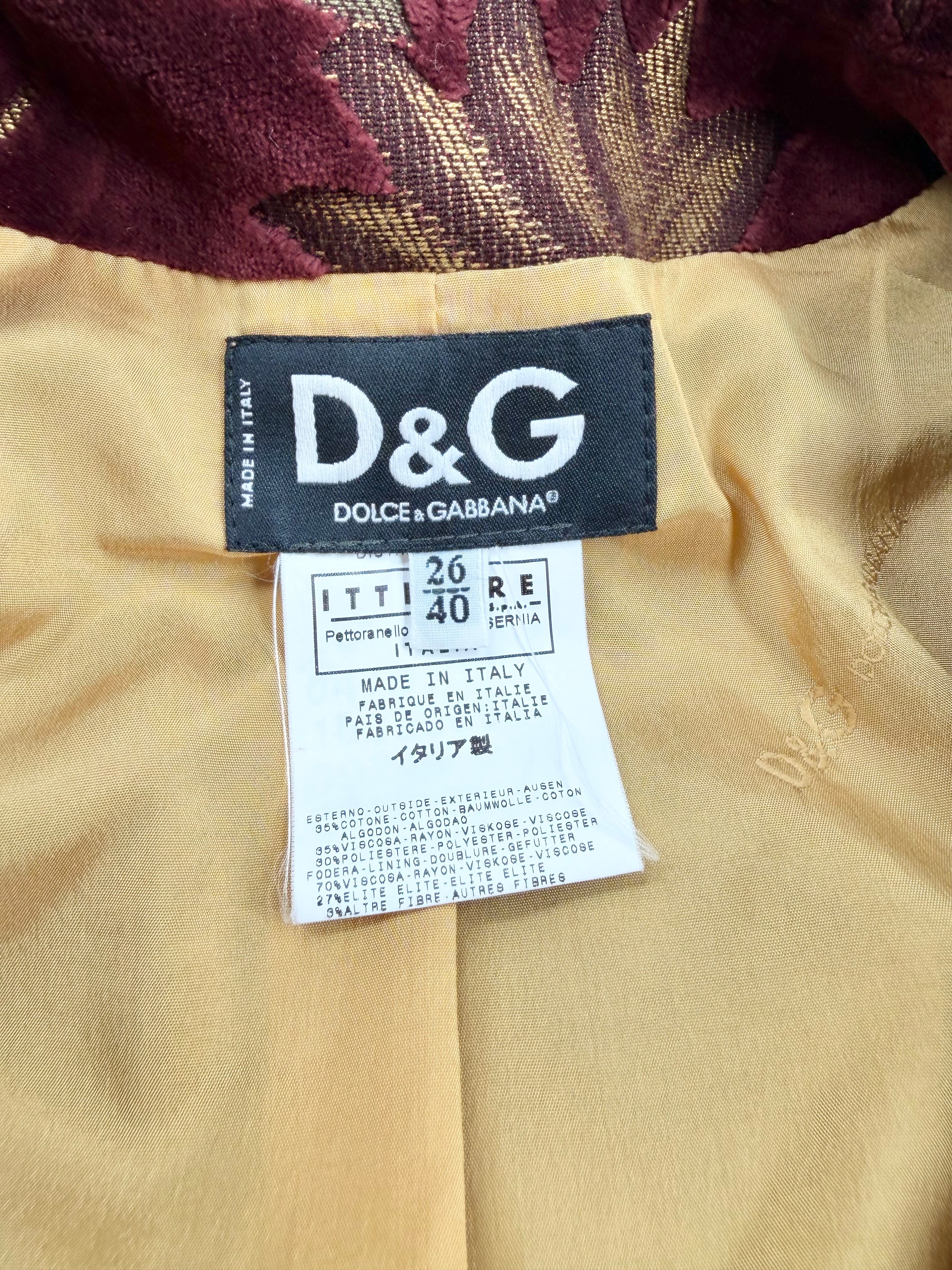 Vintage 90s D&G Dolce & Gabbana Burgundy & Gold Burnout Velvet Blazer - AU8/10