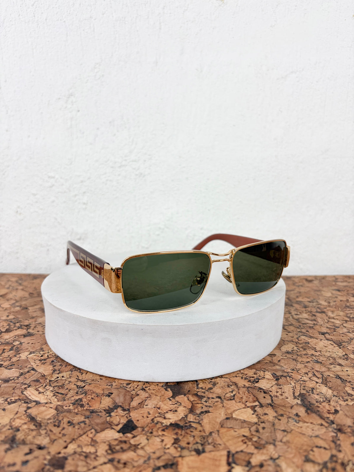 Vintage Versace Gold & Amber Meander Patterned Rectangle Square Sunglasses