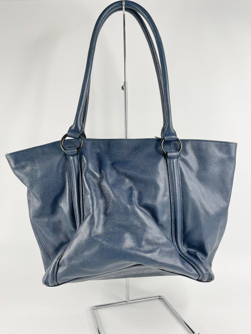 Mimco Navy Blue Leather & Croc-Textured Suede Tote Bag