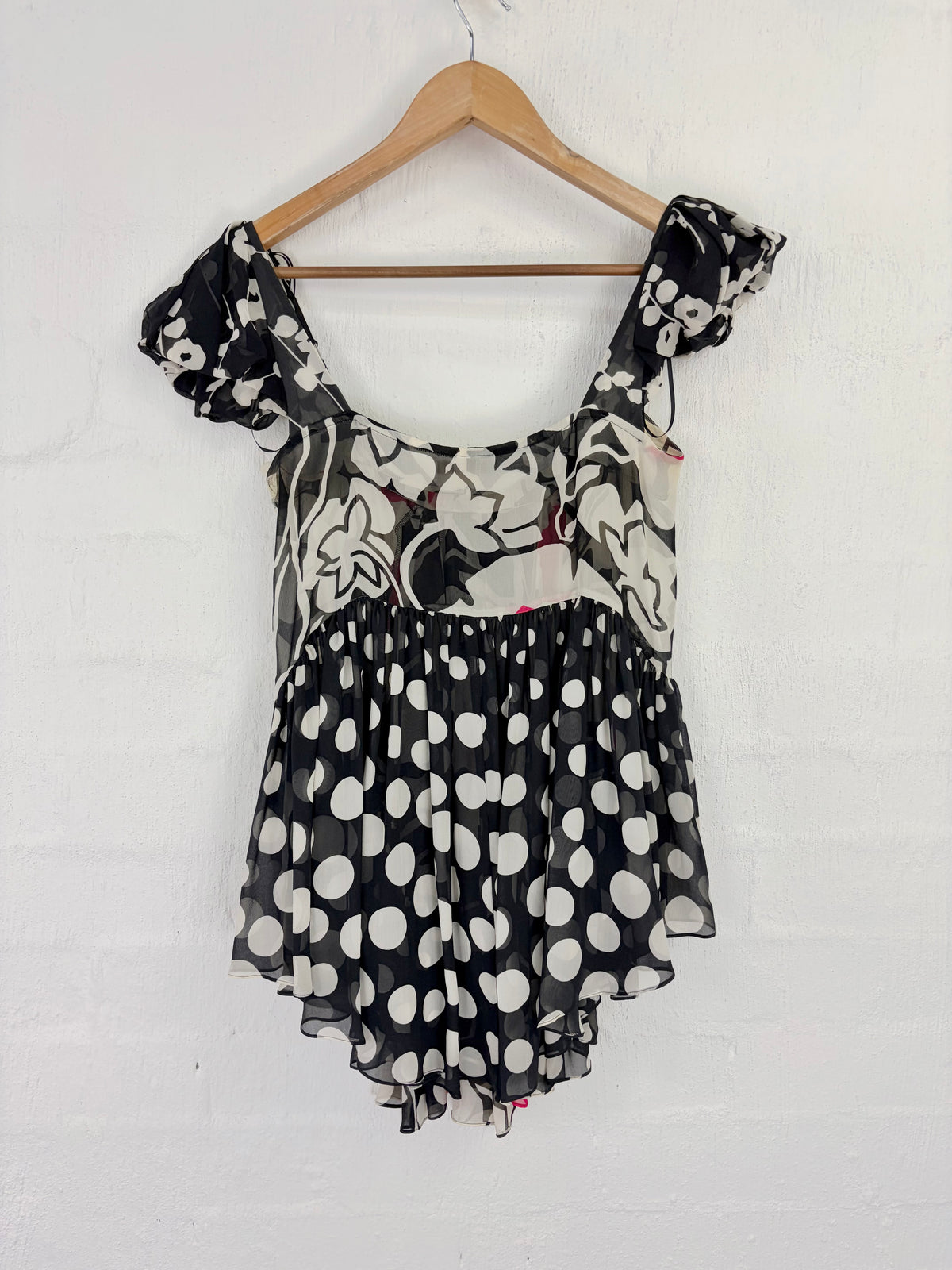 Y2K Kenzo Black, White & Pink Sheer Silk Asymmetrical Blouse - AU8