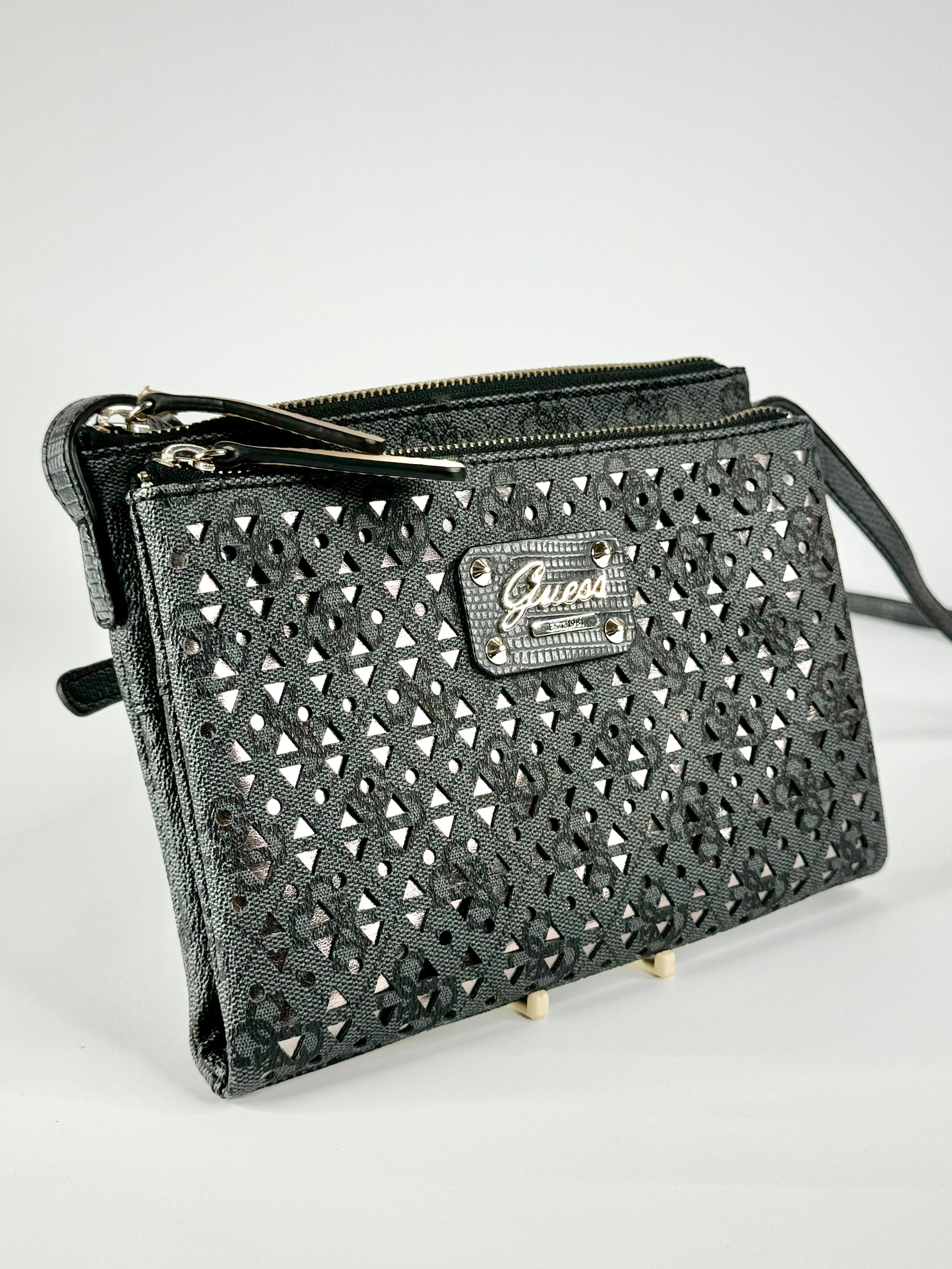 Guess Lazer Cut Grey & Silver Cross Body Bag
