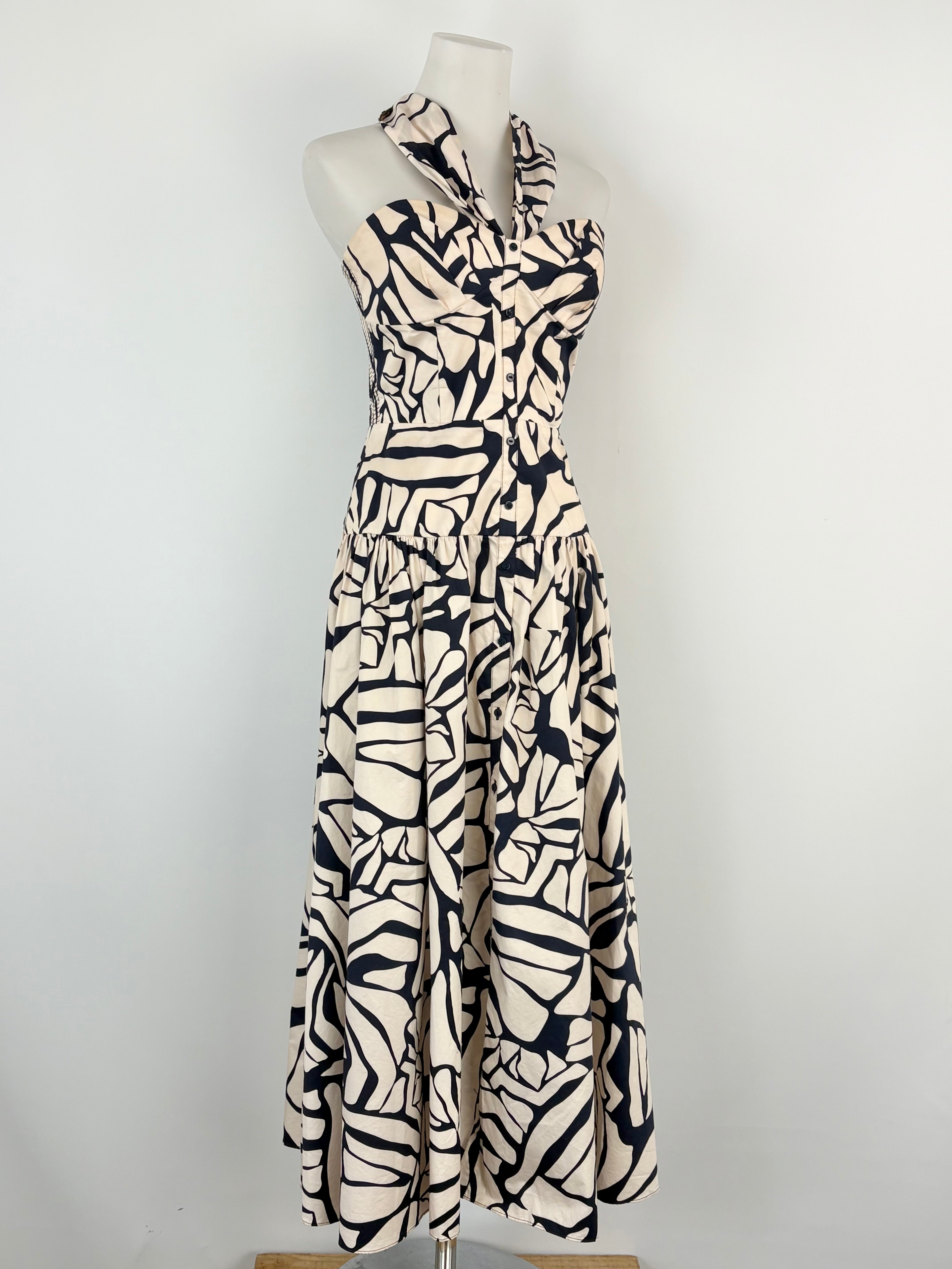 Husk Black & Beige Abstract Print Crisp-Cotton Strapless Dress - AU8
