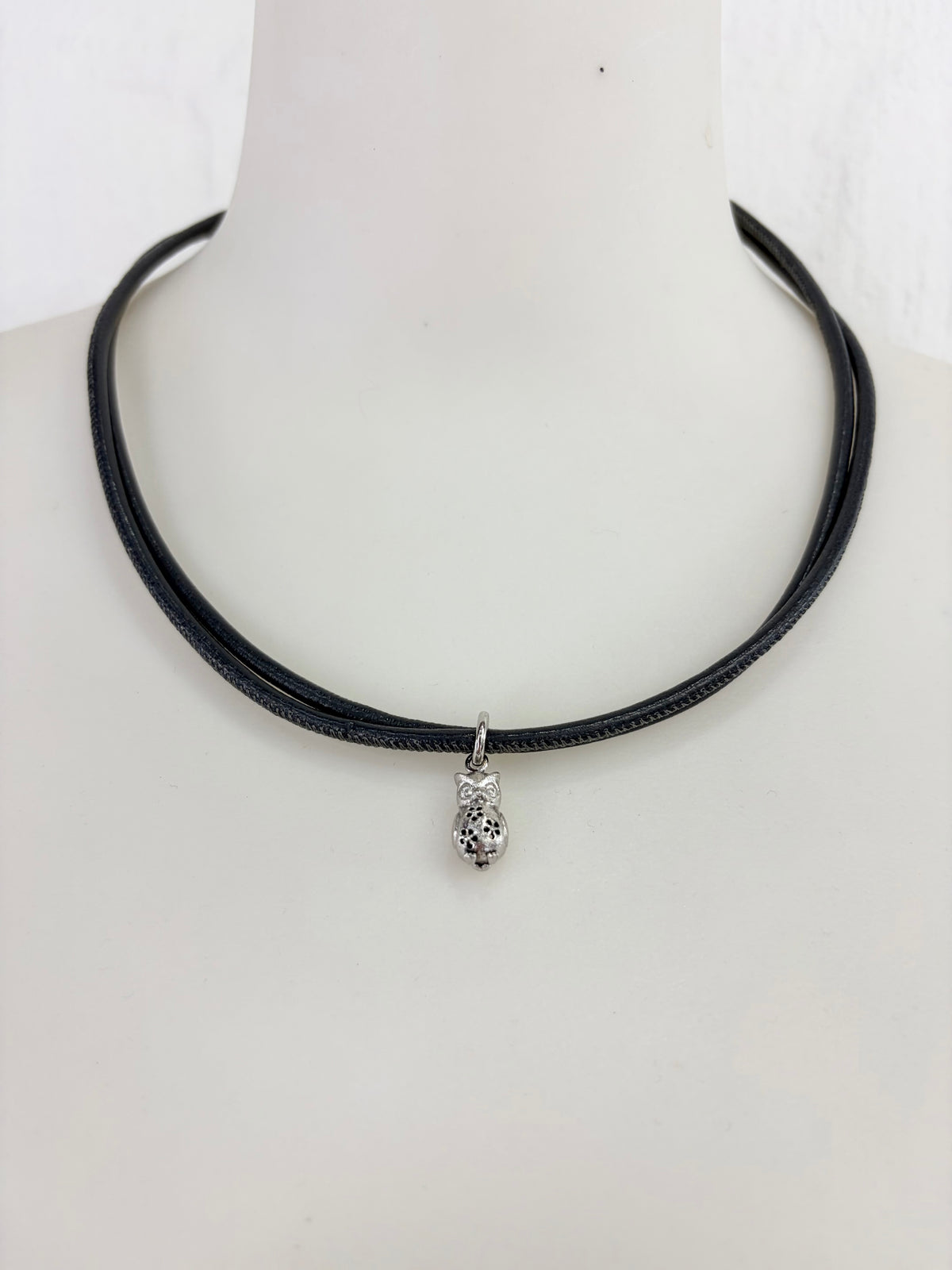 Blossom Copenhagen Small Silver Owl Pendant on Grey Leather