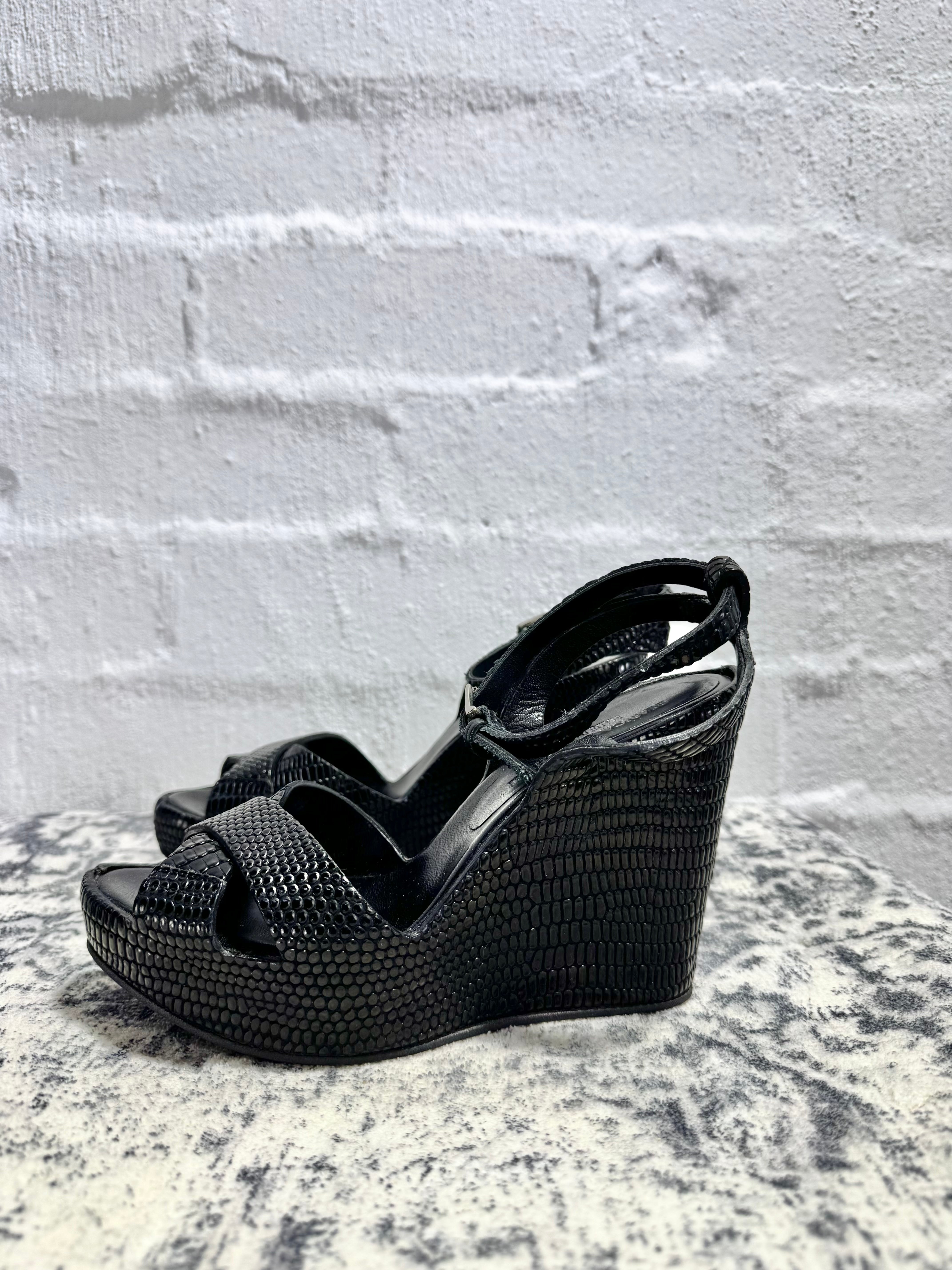 Bianca Buccheri Black Reptile Embossed Peep Toe Wedges - EU37