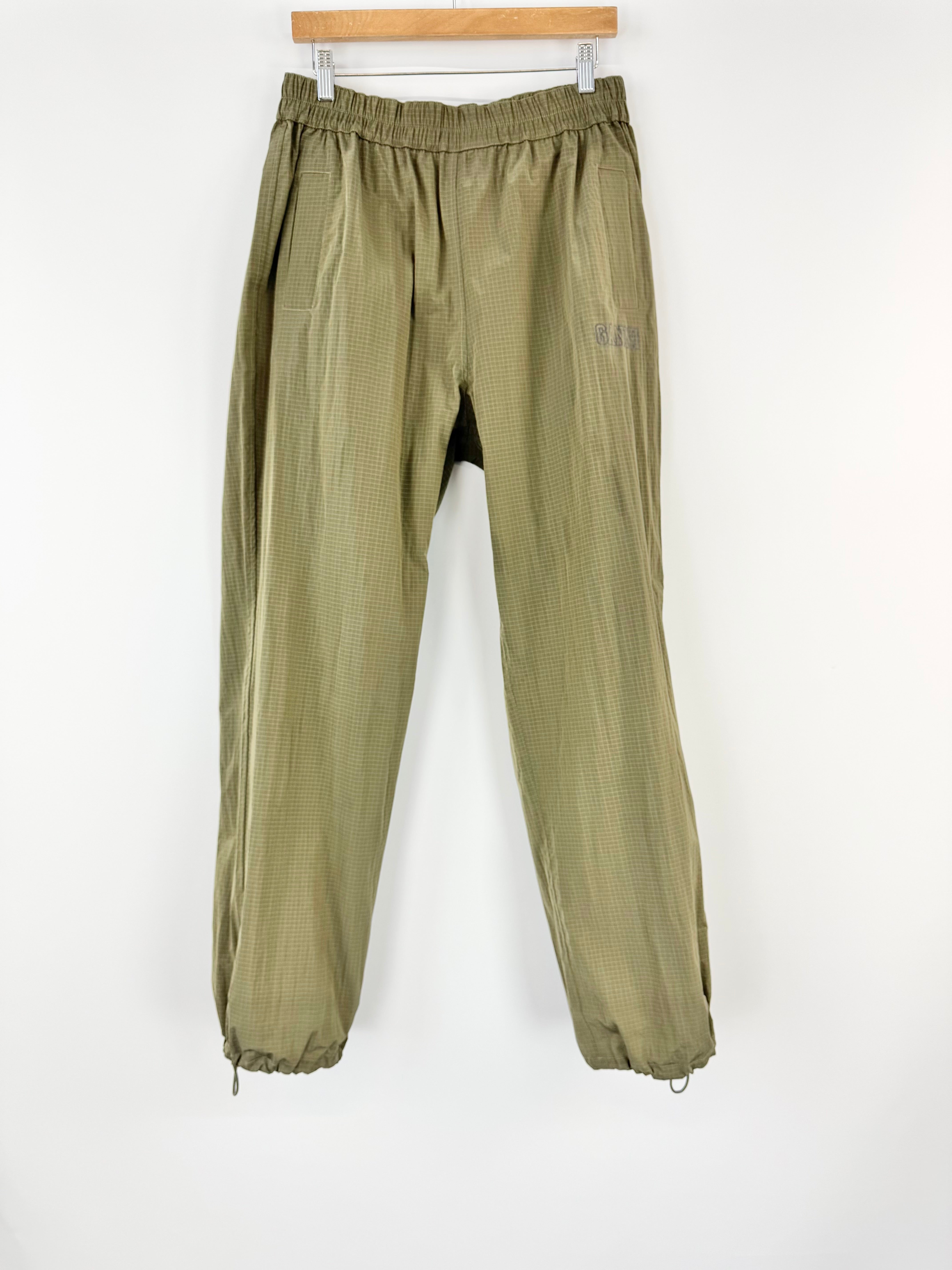 Ganni Khaki Crinkle Grid Pattern Tracksuit Pants - AU10/12