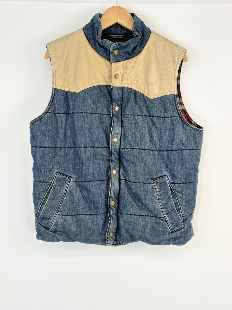 R.M. Williams Beige & Indigo Denim Padded 'Longhorn' Vest - L